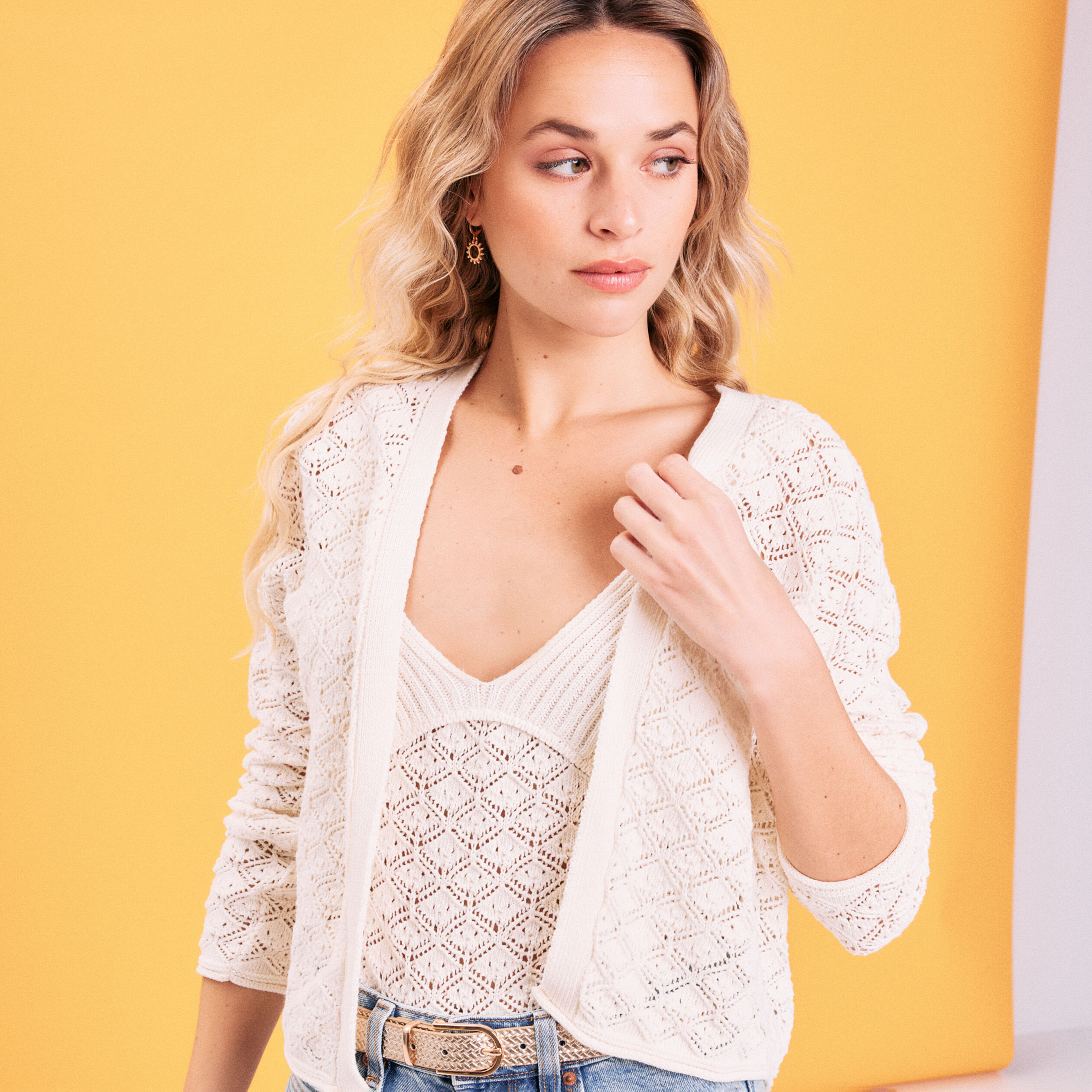 Gilet crop top ajouré ecru femme | Cache Cache