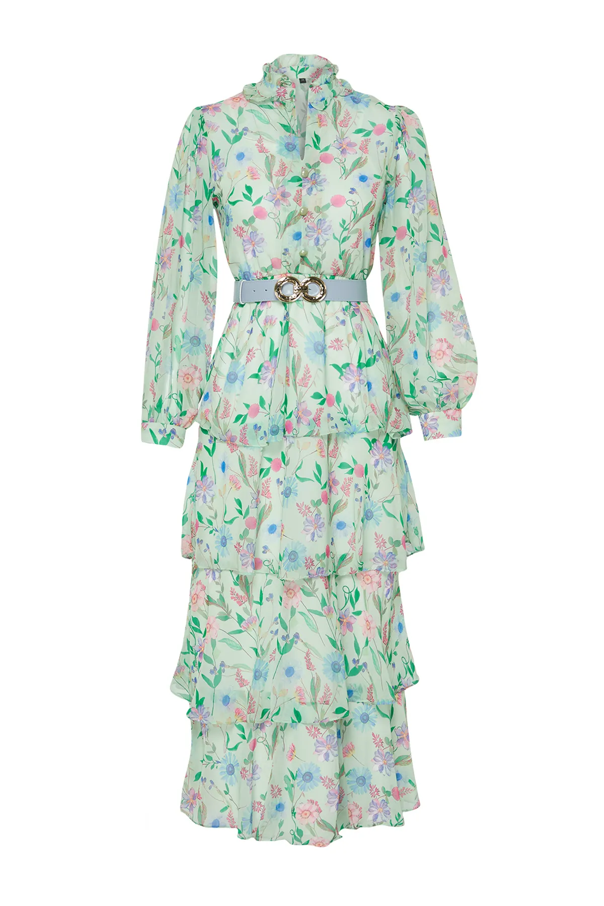 Trendyol Modest  Grünes Chiffonkleid mit Blumenmuster, gefüttert, Gürtel und Netzstoff TCTSS24EB00024