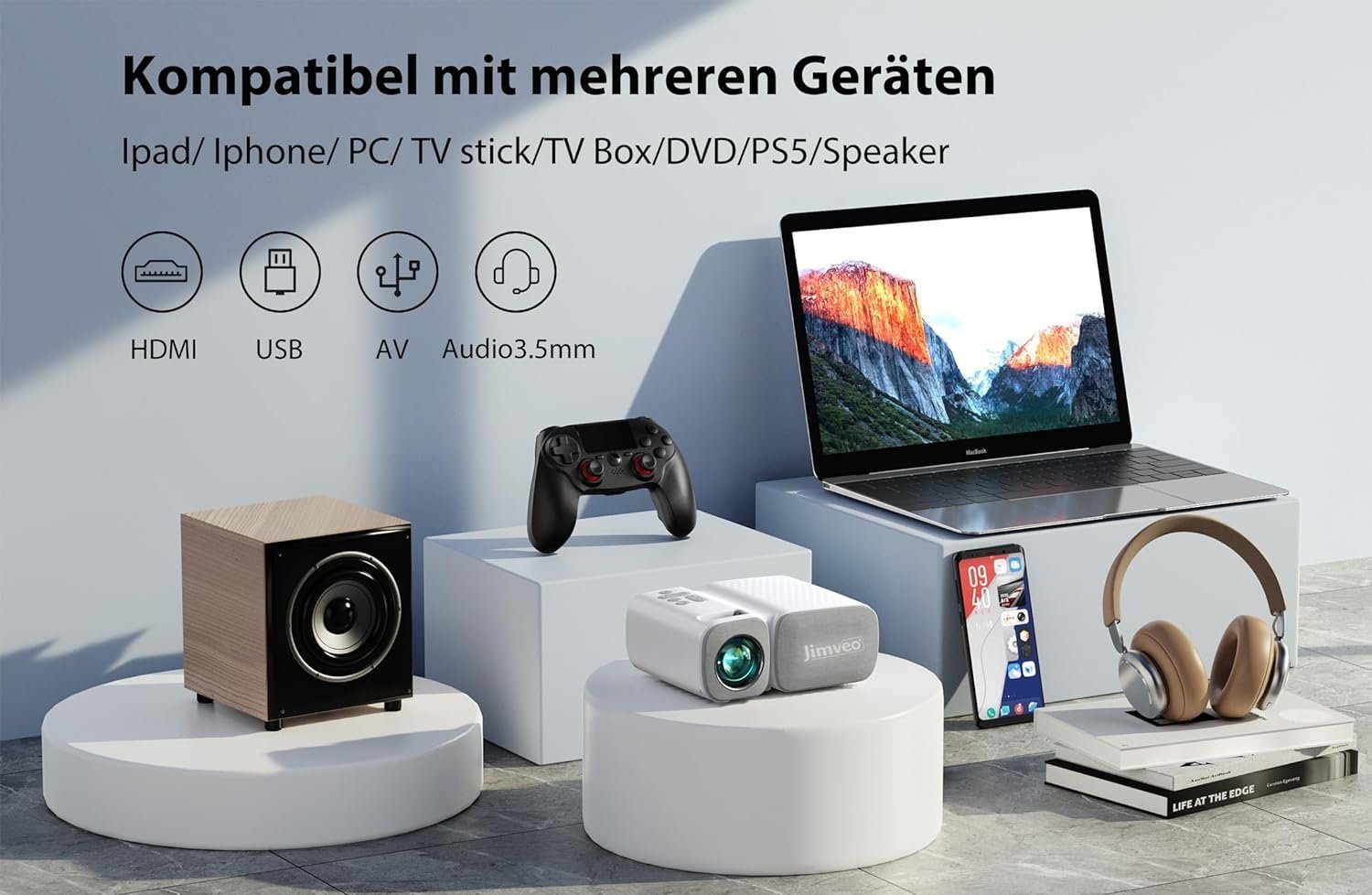 Jimveo Portabler Projektor (9000 lm, 3840 x 2160 px, 1080p Full HD Beamer 250''Display Mini Projektor LCD Heimkino Outdoor)