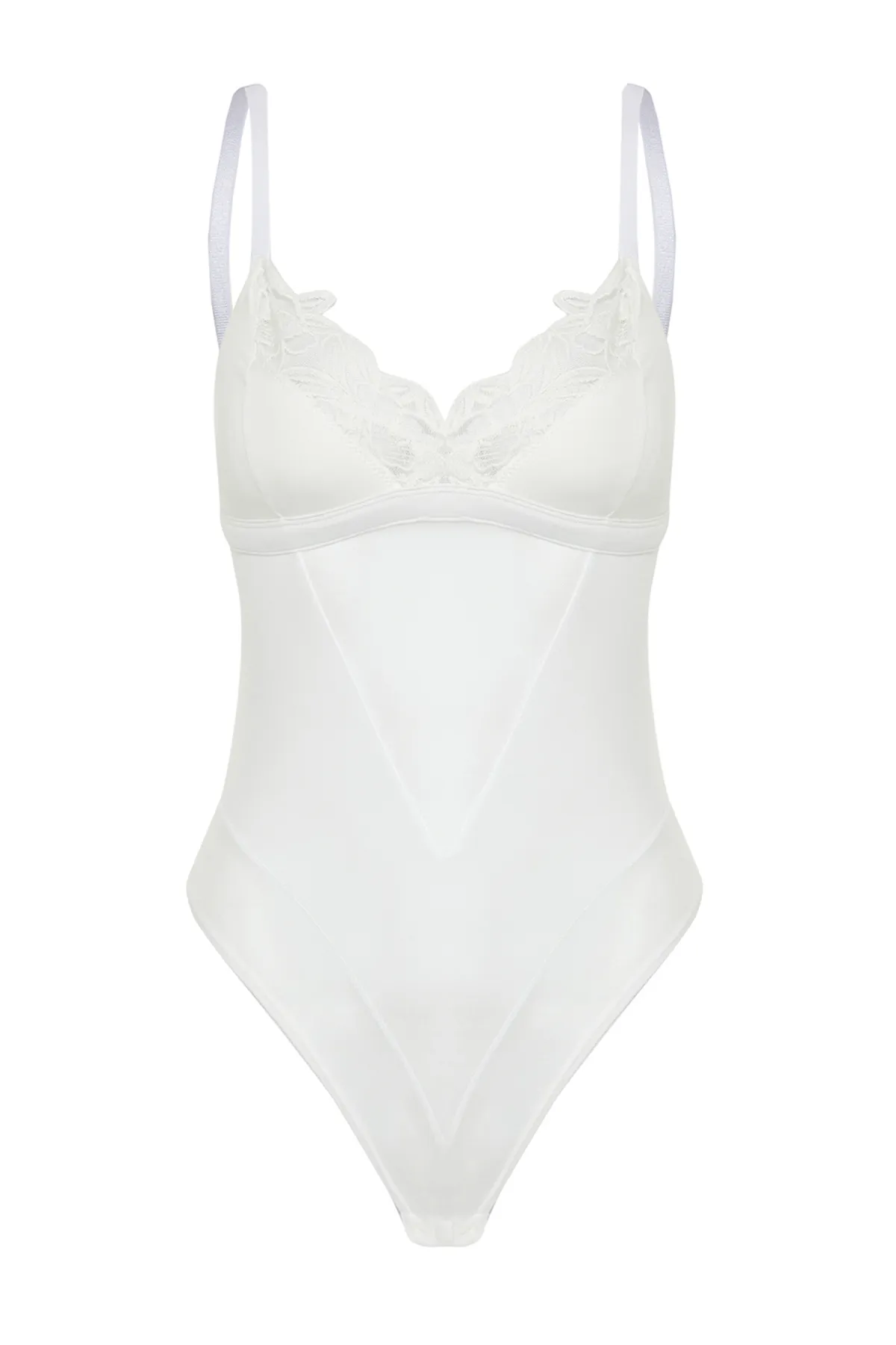 Trendyol Collection  Braut-Body aus weißem Brode-Tüll und Spitze, mit Seilriemen und Druckknopf, THMSS24BD00002