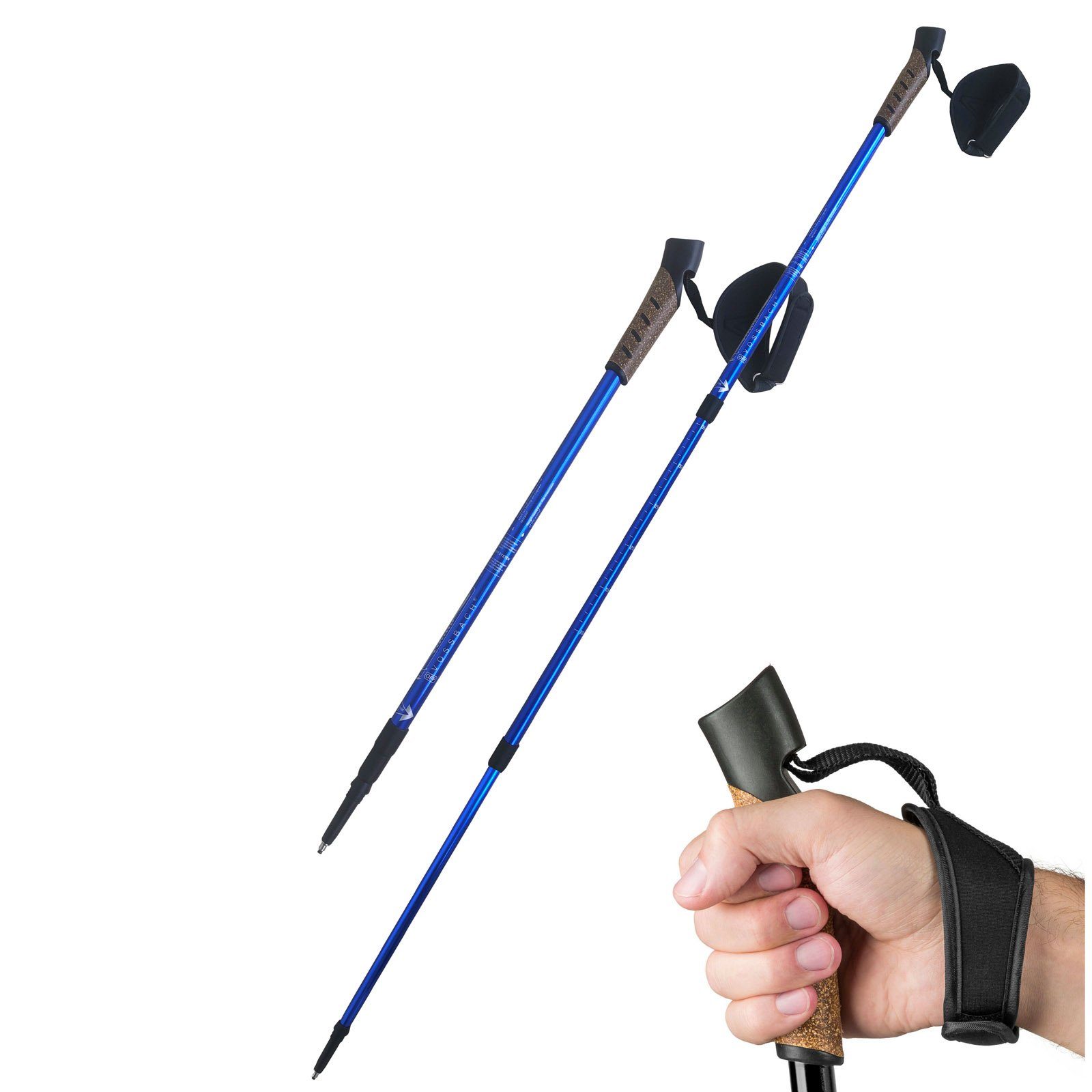 VOSSBACH Wanderstöcke Nordic Walking (1x Paar, Inkl. 12 Untergrund Aufsätze), Anti-Schock Federung