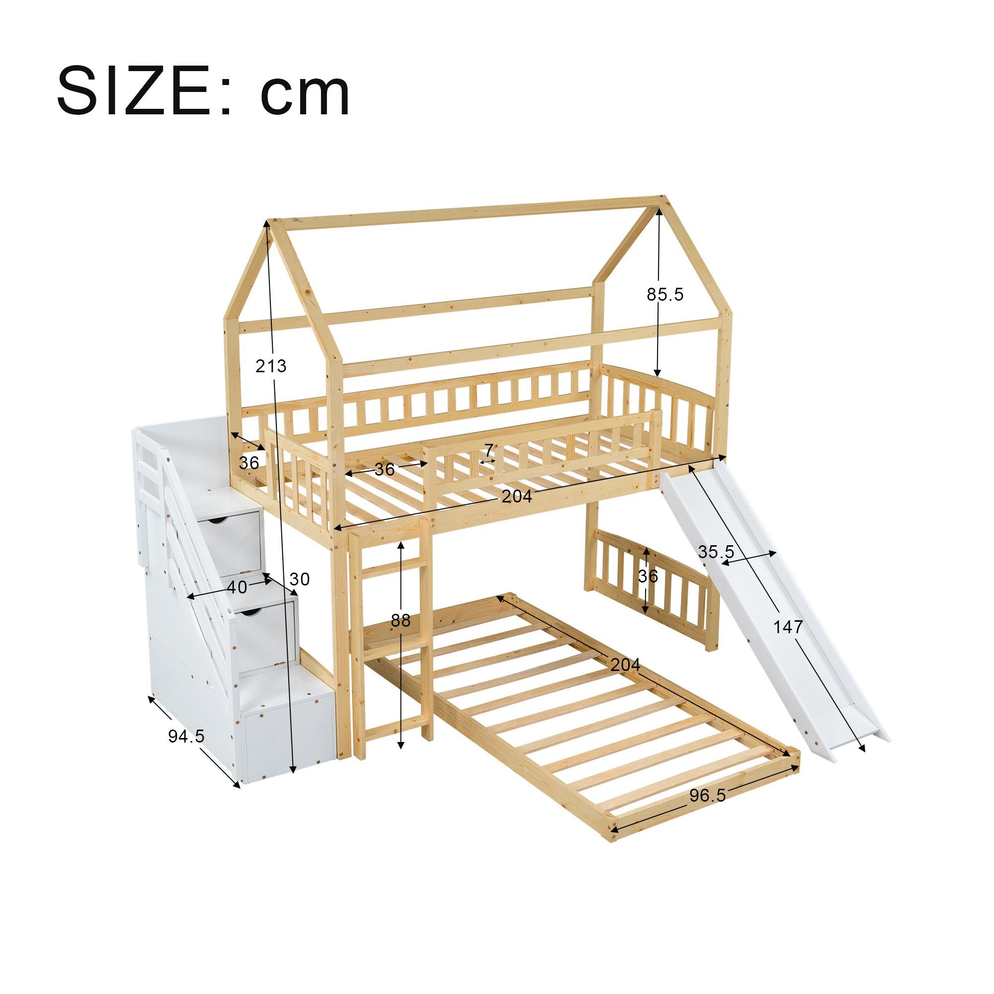 Gotagee Kinderbett Hausbett Kinderbett Etagenbett mit Treppe+Stauraum+Rutsche 90x200cm, Natur+Weiß