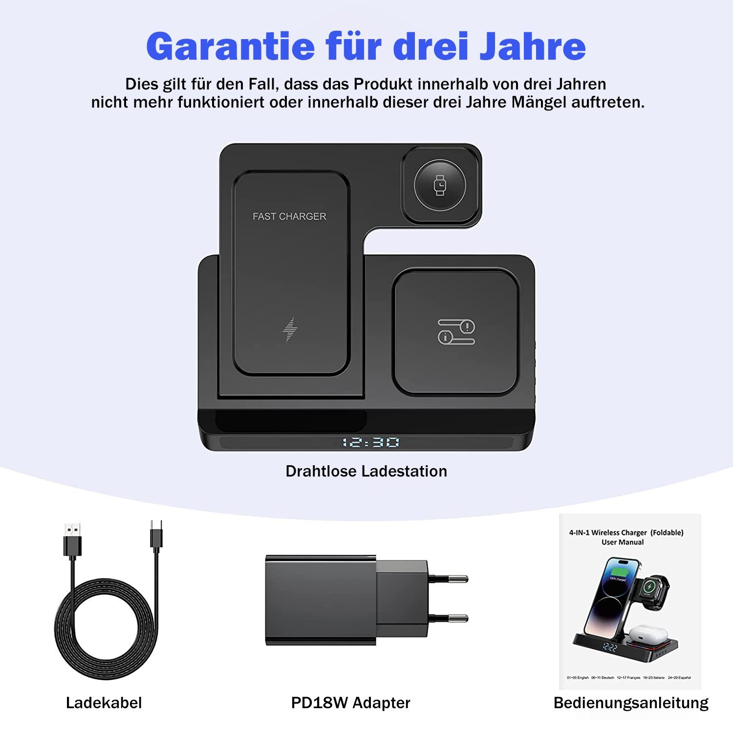 JOEAIS Handy-Dockingstation Induktive Ladestation 4 in 1 Kabellose Ladegerät Wireless Charger, (für Samsung Galaxy/Xiaomi/Note/Galaxy Buds/AirPods, mit USB Kabel für iPhone 14 13 12Pro Mini Pro Max), Handy Charging Station für Apple iWatch iPhone Air