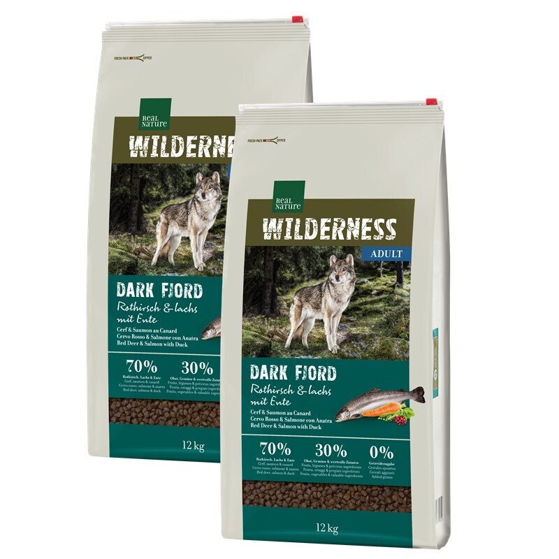 REAL NATURE Hundetrockenfutter REAL NATURE WILDERNESS Dark Fjord Rothirsch, Lachs & Ente 2x12 kg