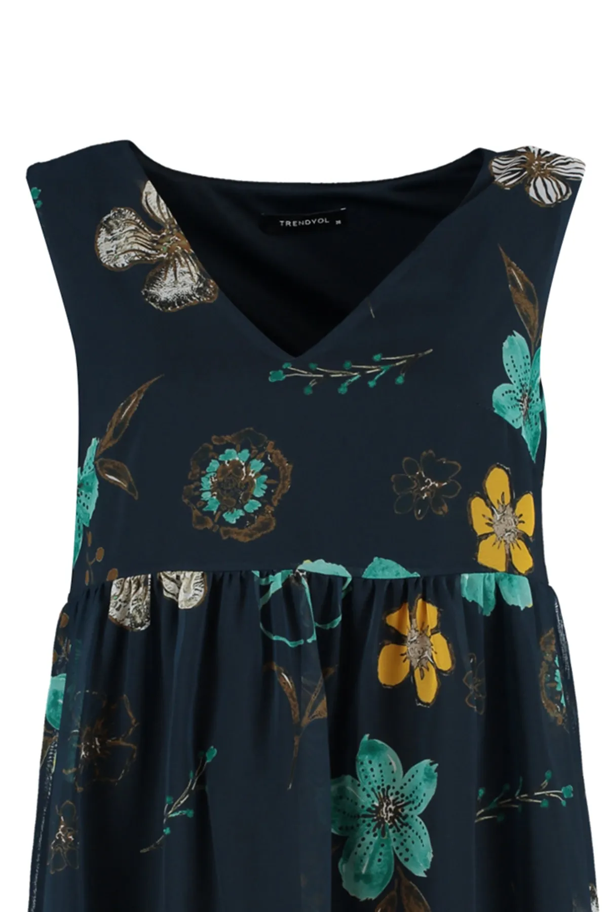 Trendyol Collection  Marineblaues, gerade geschnittenes, gefüttertes Mini-Webkleid mit Blumendruck TWOSS20EL2329