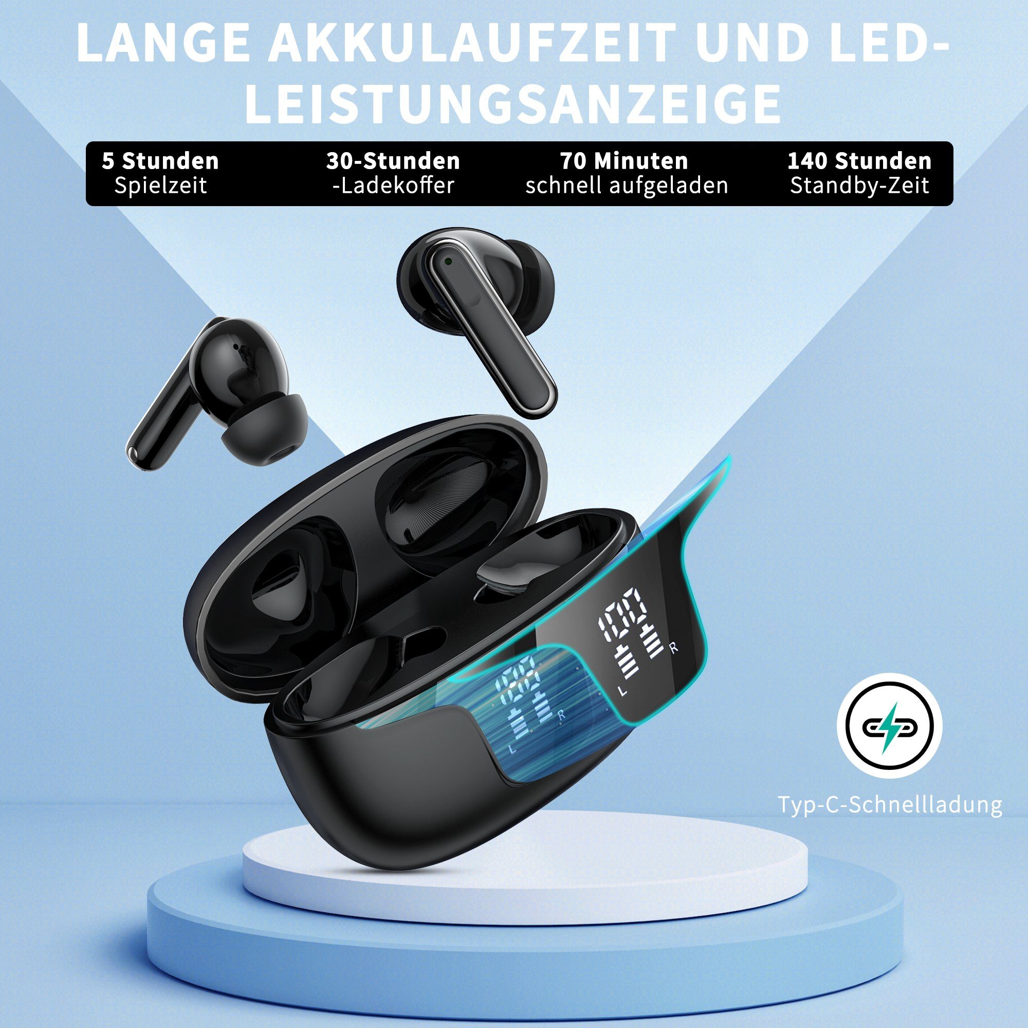 Giecy Bluetooth Kopfhörer, Mikrofon in ear Kopfhörer Kabellos Bluetooth 5.3 In-Ear-Kopfhörer (Voice Assistant, Siri, Bluetooth, Rauschunterdrückung, Touch Control, ENC Mikrofon, LED Anzeige kopfhörer, Wireless Headphones, Ohrhörer Bluetooth)