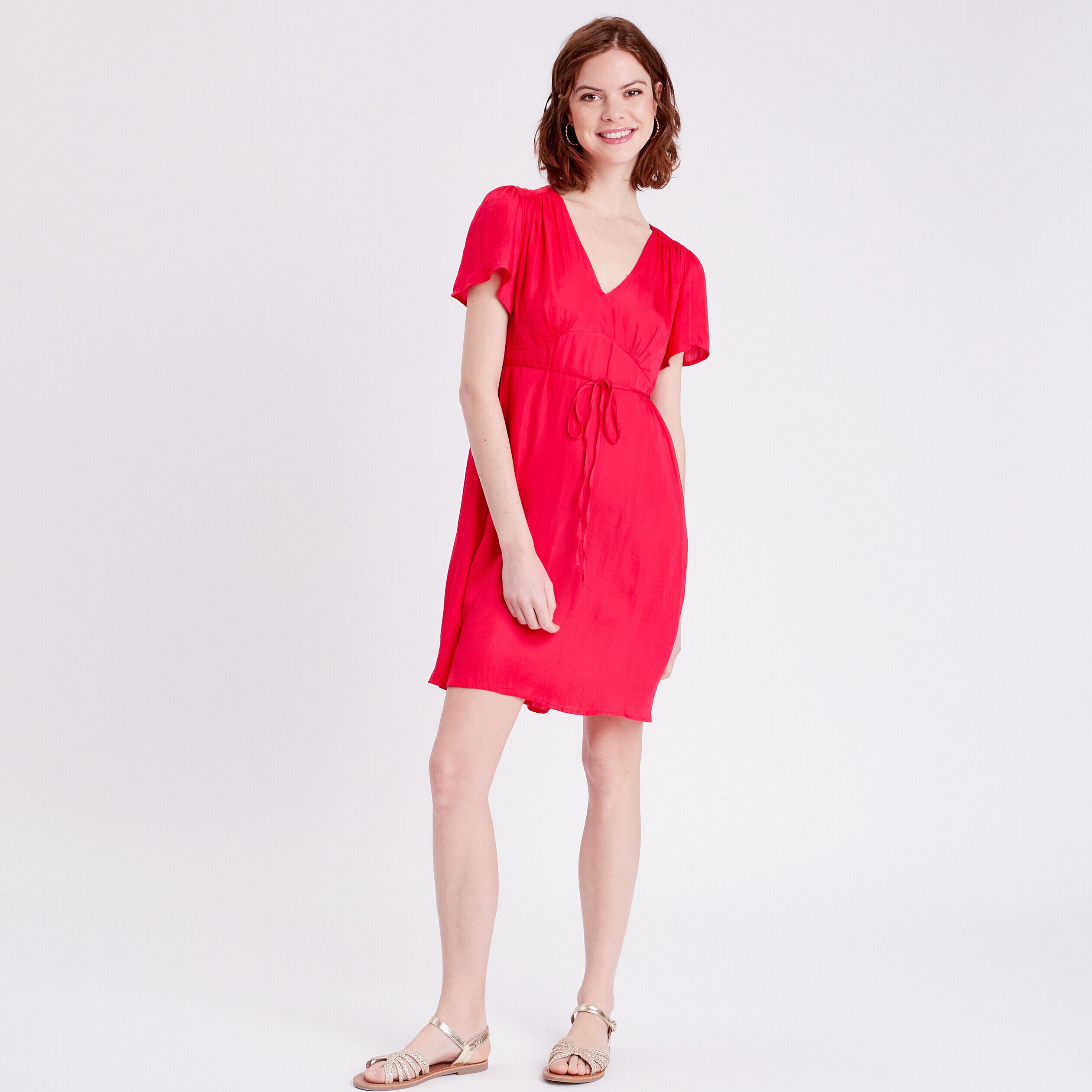 Robe cintrée satin col en V rose vif femme | Cache Cache