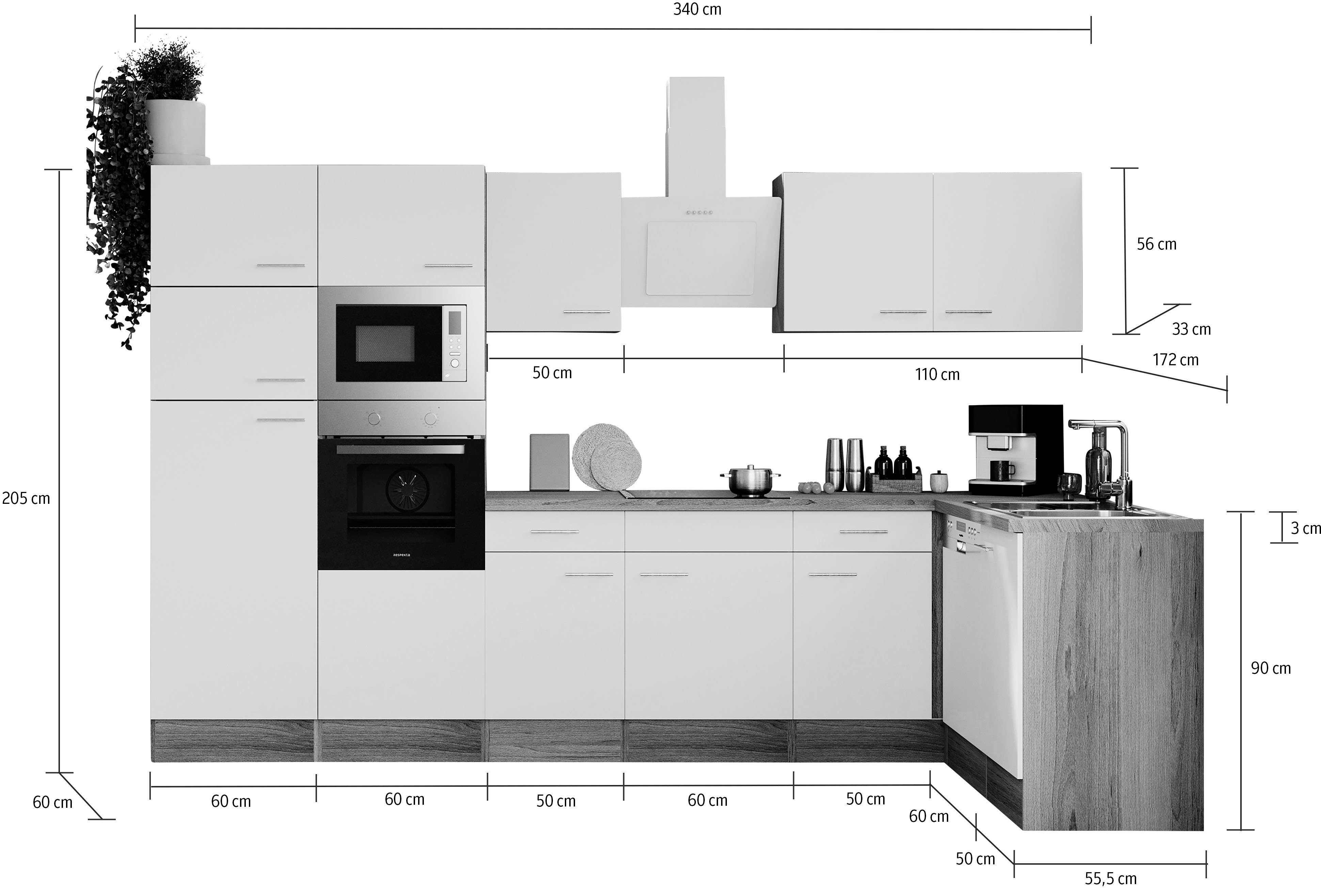 RESPEKTA Küchenzeile Oliver, Breite 340 cm, wechselseitig aufbaubar