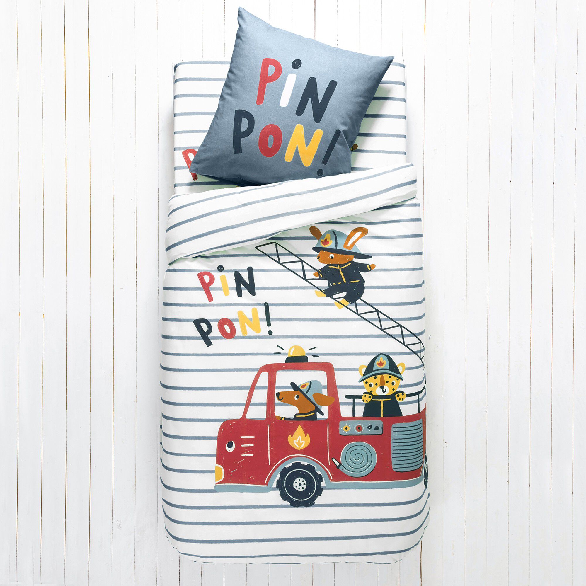Linge de lit enfant à motifs Pompiers en coton