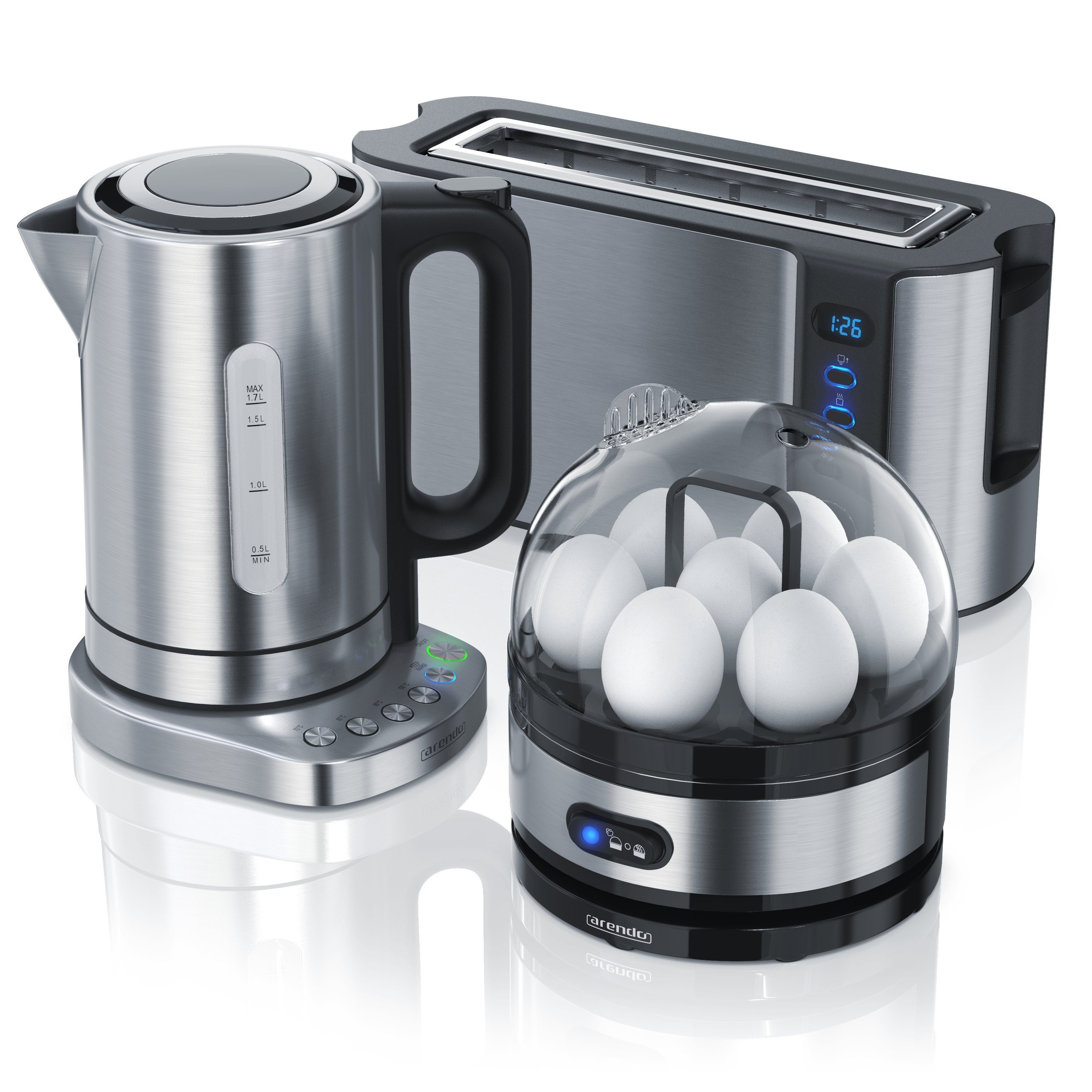 Arendo Frühstücks-Set (3-tlg), Wasserkocher 1,7l, 2-Scheiben Toaster, Eierkocher 7-fach, Edelstahl