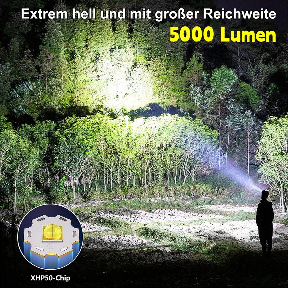 MDHAND LED Taschenlampe USB Aufladbar Taktische Flashlight 5000 Lumen (1-St), 5 Lichtmodi Wasserdichte IPX6 Akku Tragbarer für Outdoor Camping