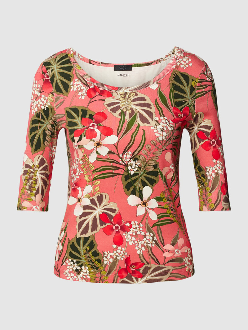 T-Shirt mit floralem Muster und Rundhalsausschnitt in koralle