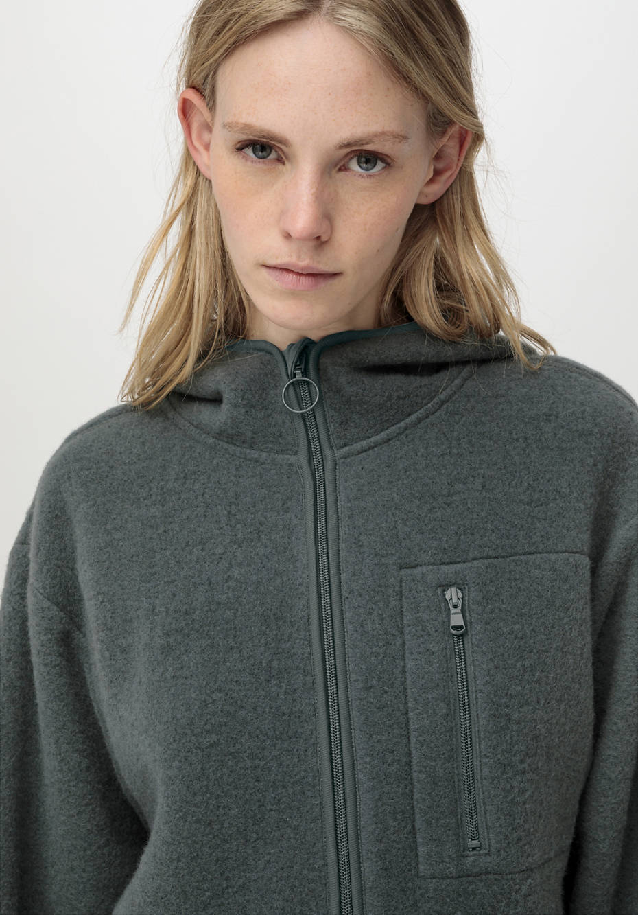 Wollfleece Jacke mit Kapuze aus reiner Bio-Merinowolle