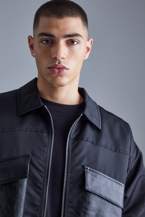 Kastige Bomberjacke aus PU & Nylon mit Kragen