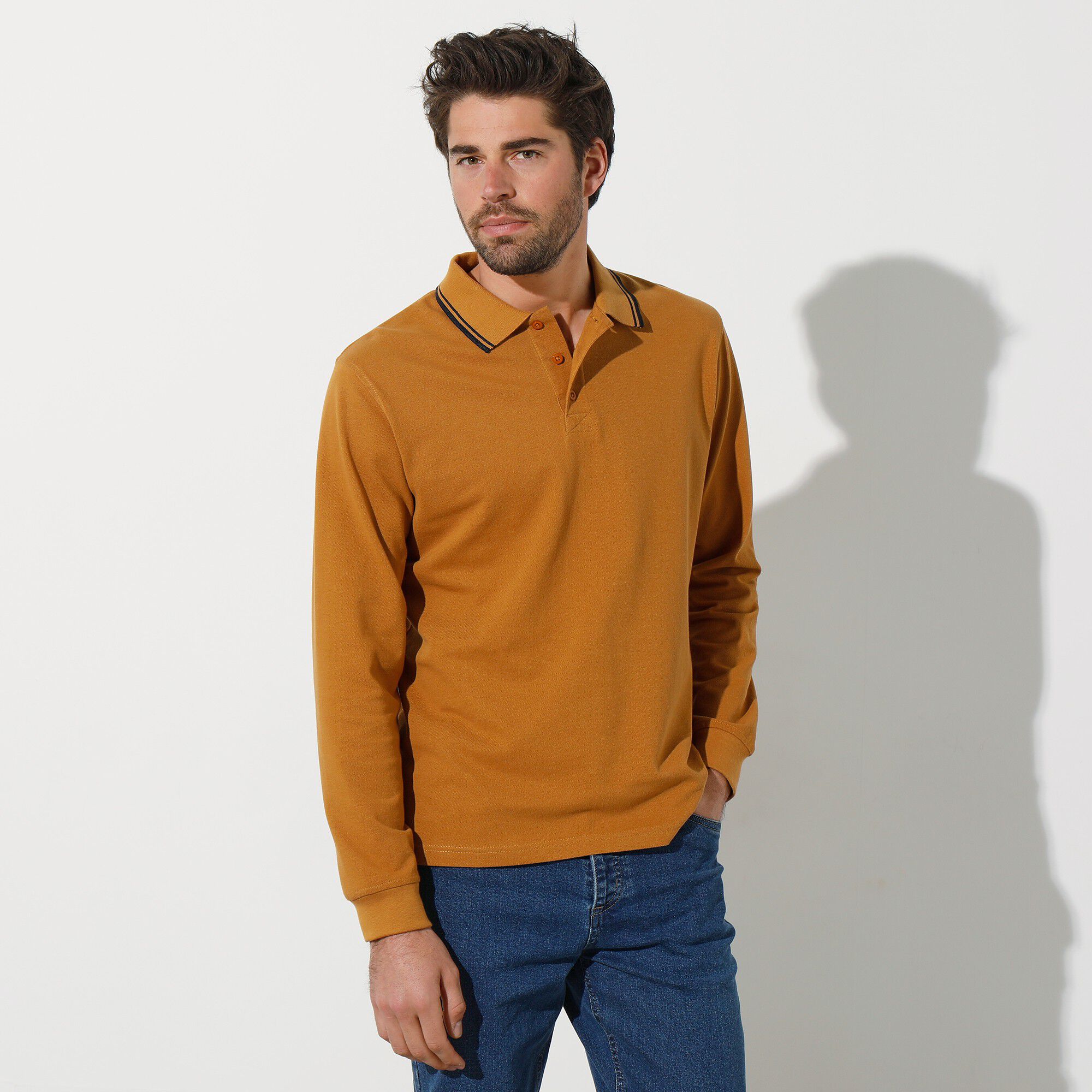 Polo uni maille piquée manches longues