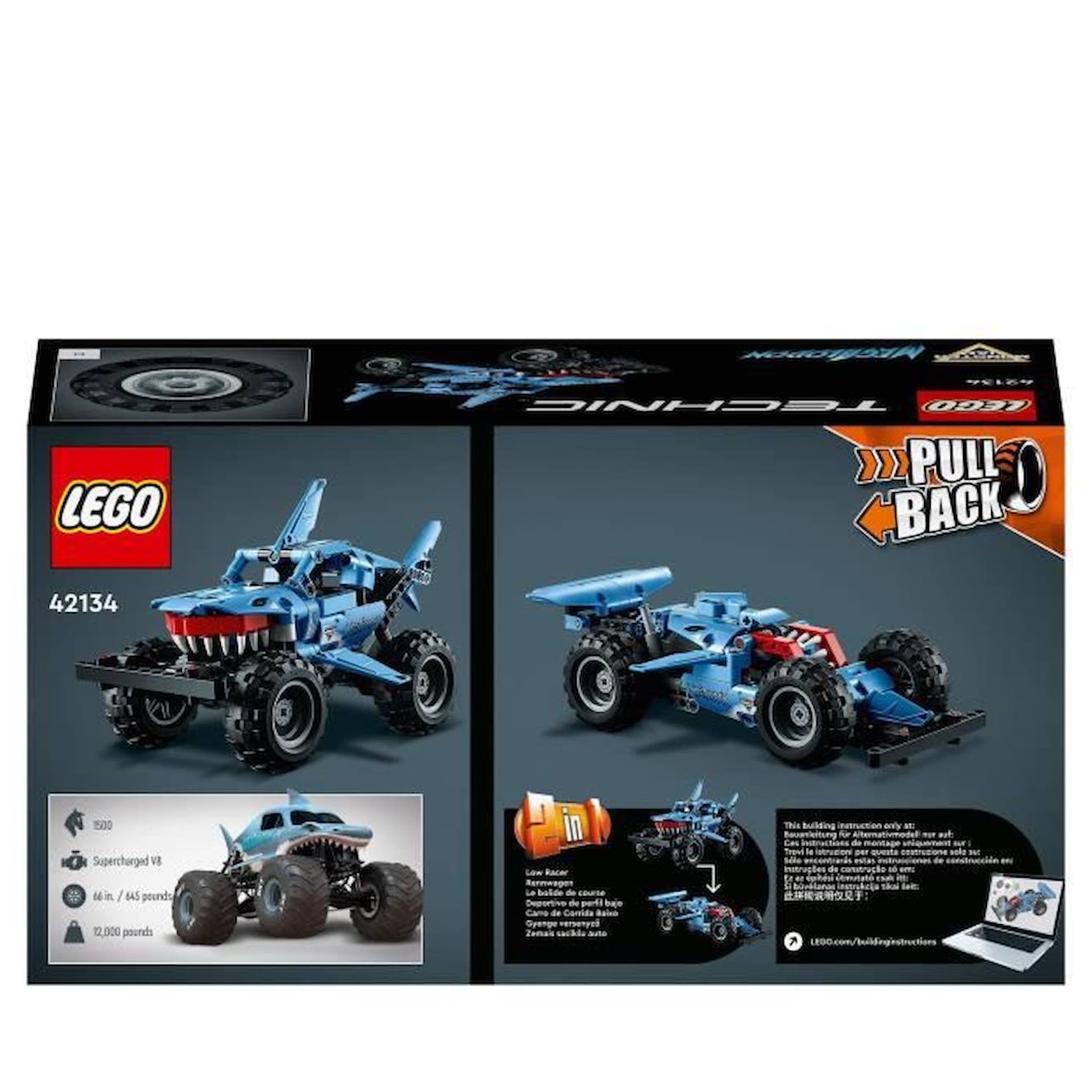LEGO® 42134 Technic Monster Jam Megalodon, Voiture Jouet pour Enfants +7 Ans 2 en 1 Truck et Low Racer Lusca à Rétrofriction bleu