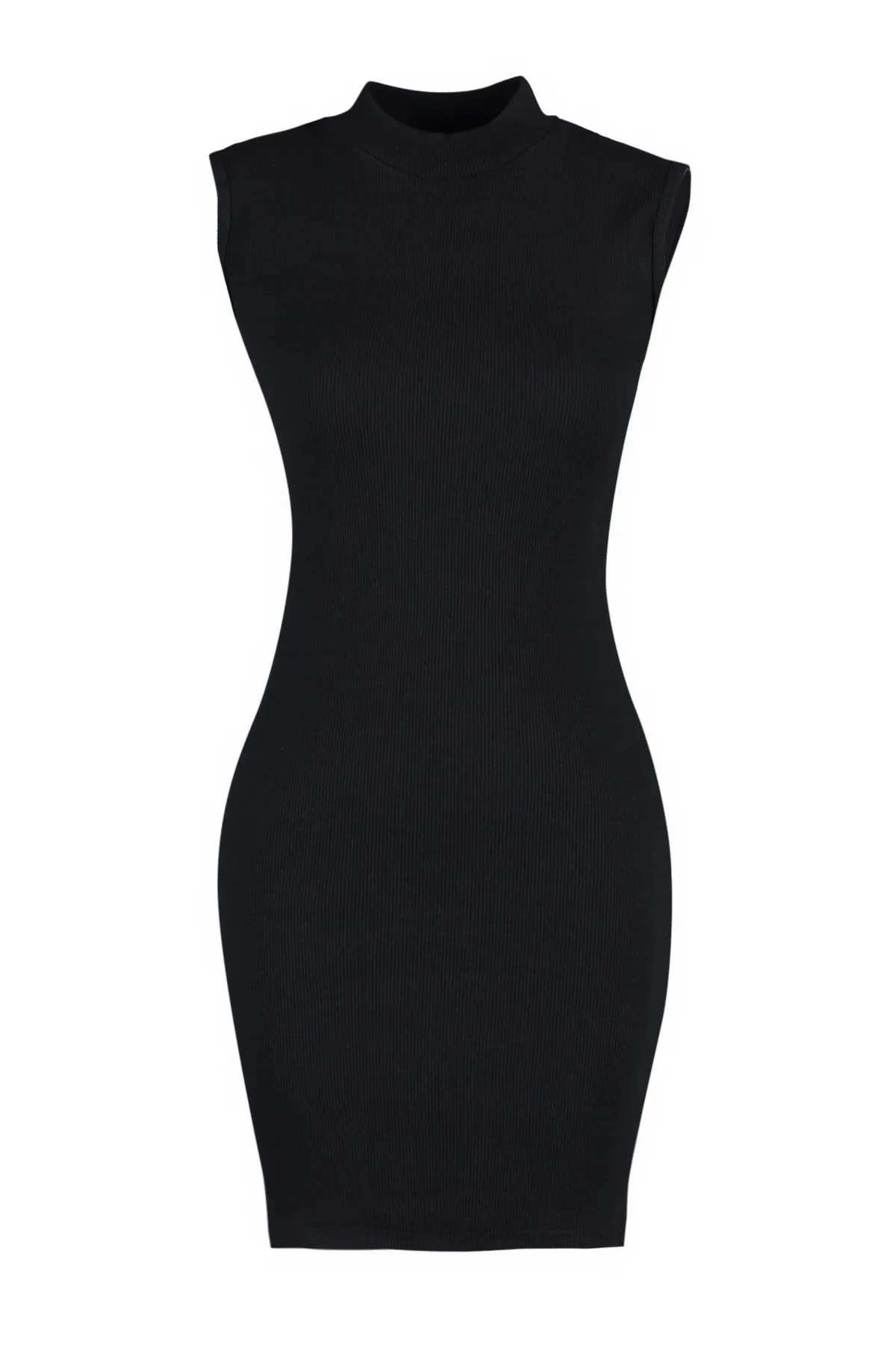 Trendyol Collection  Schwarzes, figurbetontes Mini-Bleistiftkleid aus flexiblem Strick und geripptem Rundhalsausschnitt TWOSS22EL2819