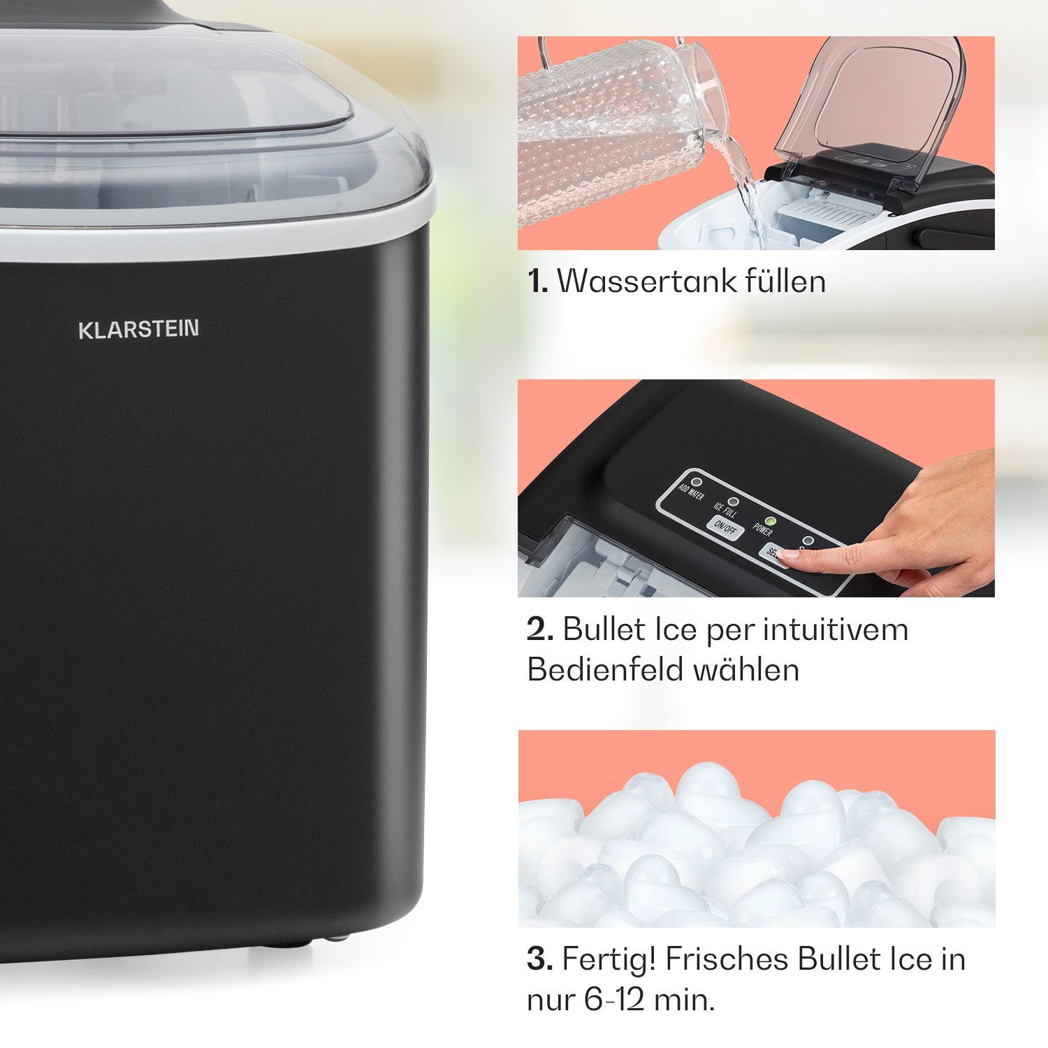 Klarstein Eiswürfelmaschine Caldwell, Elektrischer Eiswürfelbereiter Bulleteis 12kg/24h Wassertank 1,3 L