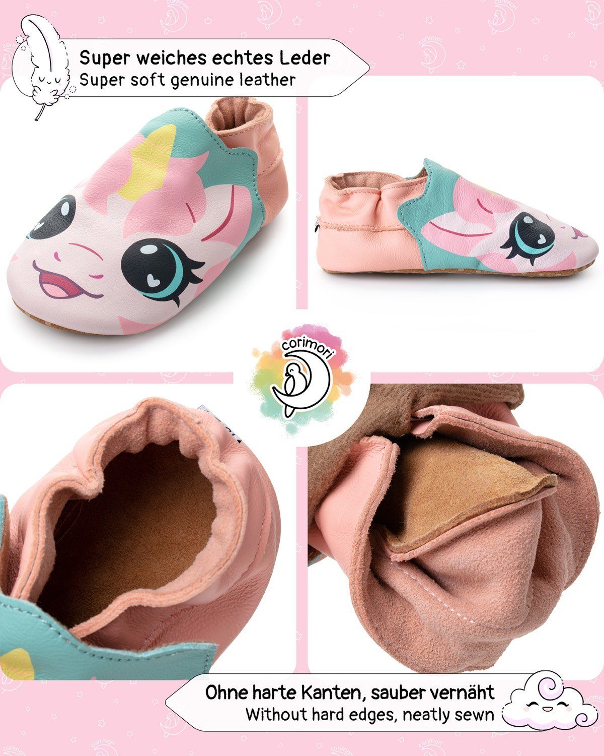 Corimori Baby-Schuhe Lauflernschuhe Krabbelschuhe Echt-Leder Mädchen Jungen Lauflernschuh (Packung) Süße Lauflernschuhe, Lederschuhe, Barfußschuhe, Einhorn, 12-18 Monate