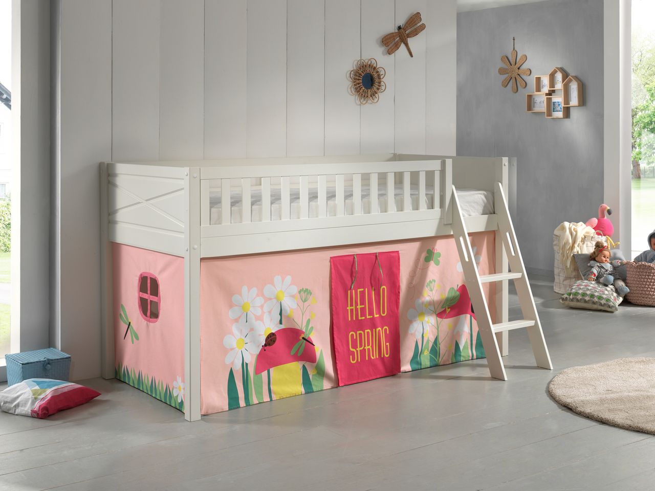 VIPACK Spielbett SCOTT, LF 90 x 200 cm, mit Rolllattenrost, Leiter und Textilset Vorhang 
