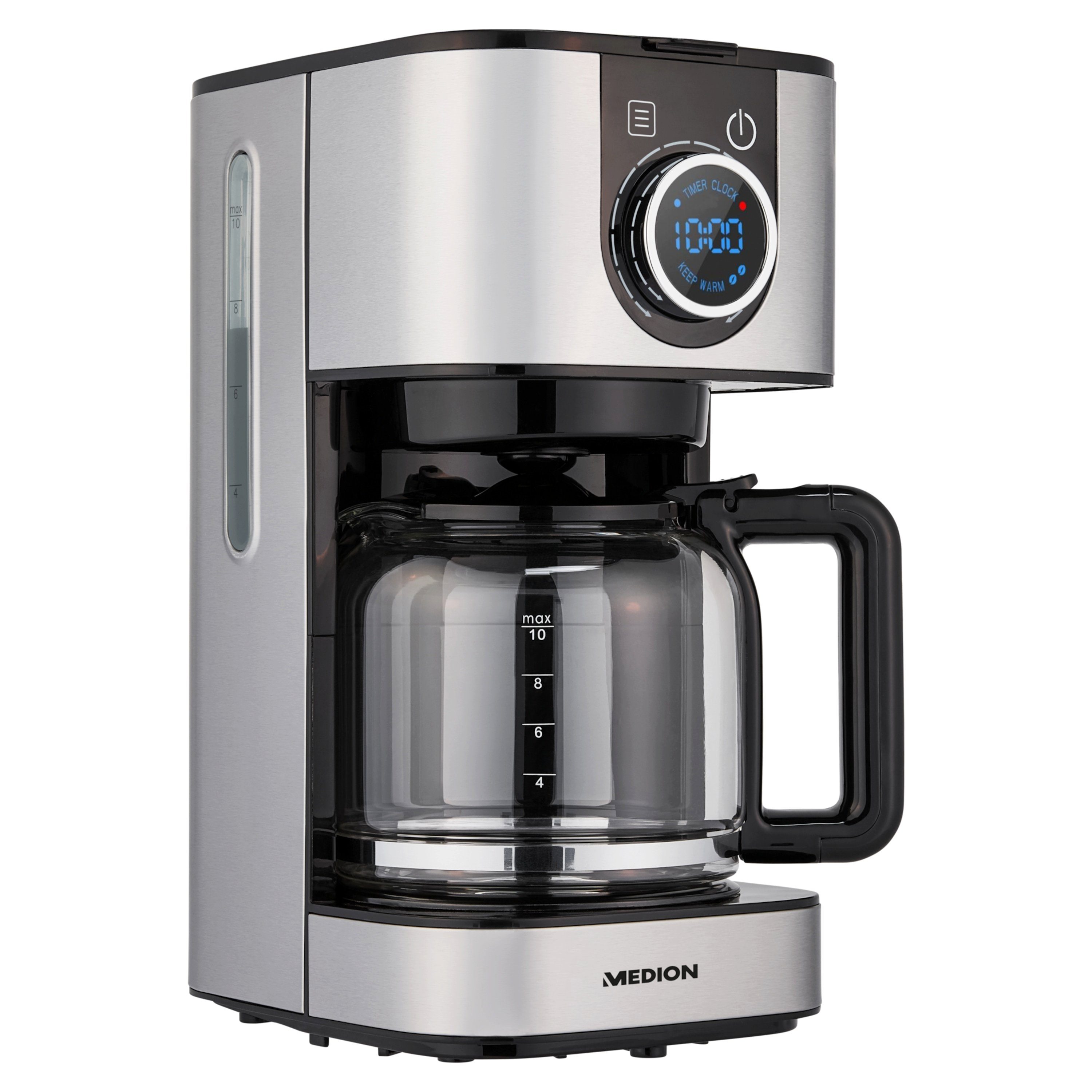 Medion® Siebträger-/Filterkaffeemaschine Kaffeemaschine 900W 1,5L 10 Tassen Glas LED-Display Edelstahl, MD19480