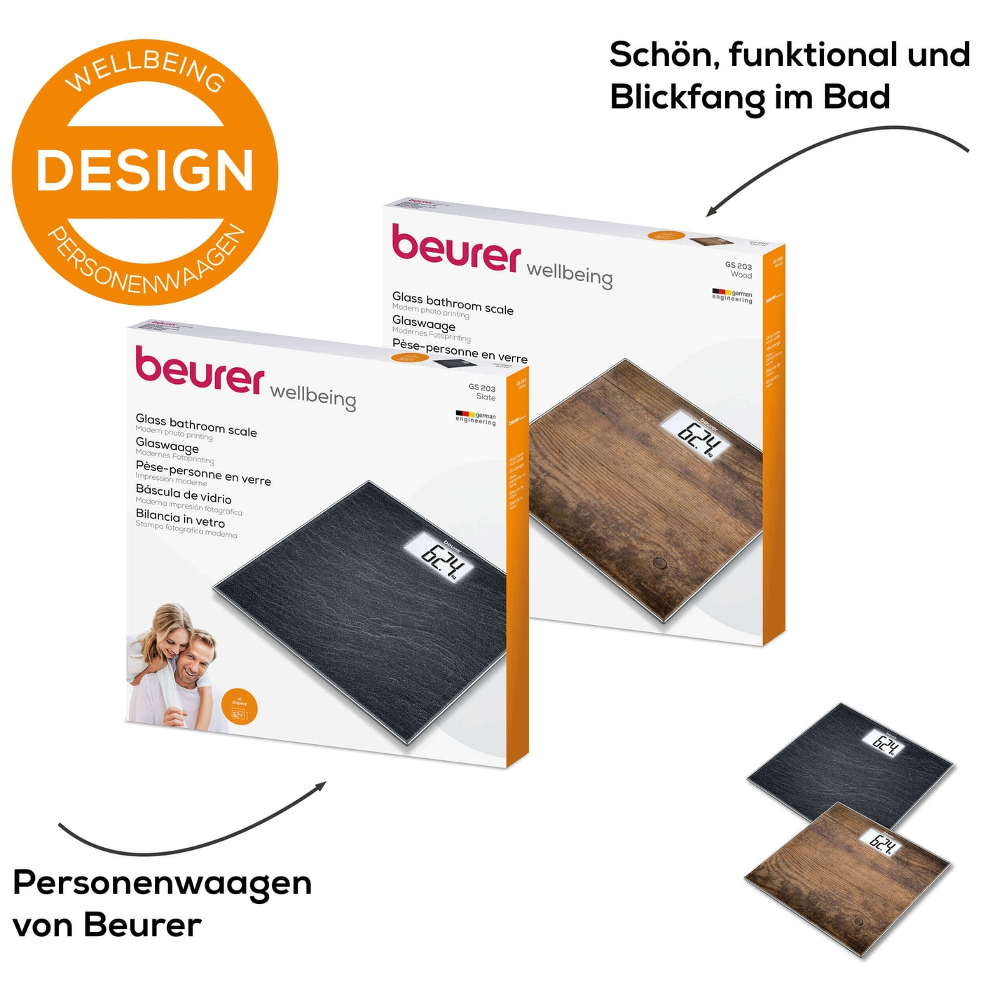 Beurer Glaswaage GS 203 Wood-Personenwaage aus Glas mit beleuchtetem XL-Display - bis 150 kg