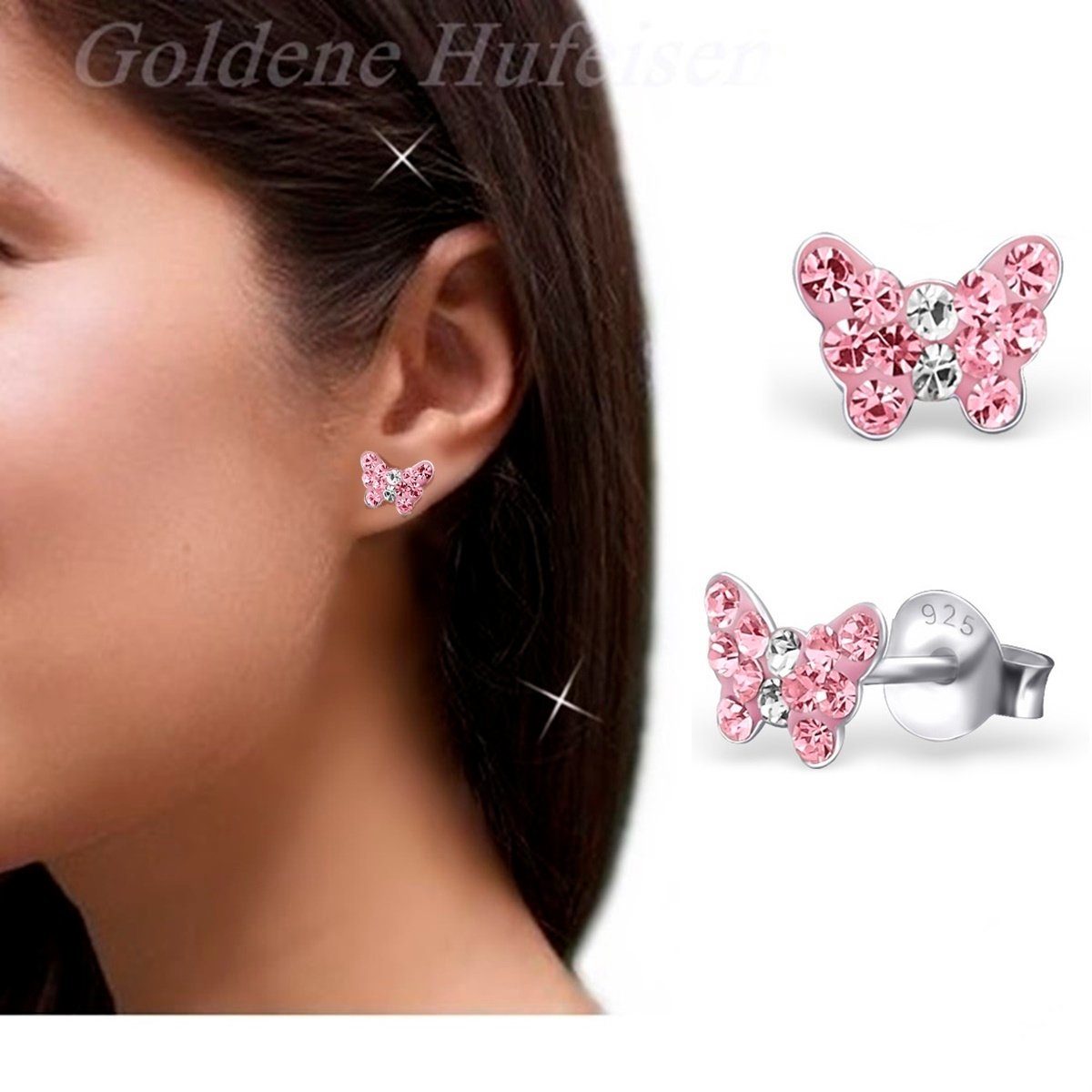 Goldene Hufeisen Schmuckset Rosa Schmetterling Anhänger Kette Ohrstecker 925 Silber Kristall (4-tlg, inkl. Etui), Kinder Geschenkset