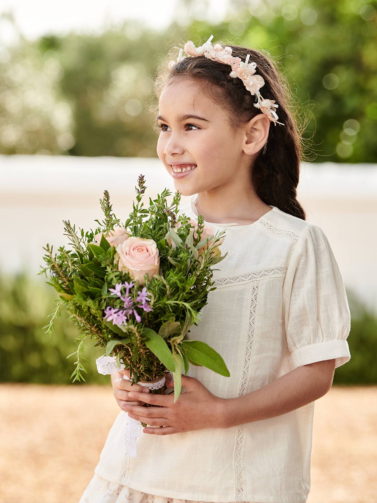 Vertbaudet Mädchen Bluse mit Spitze - wollweiß