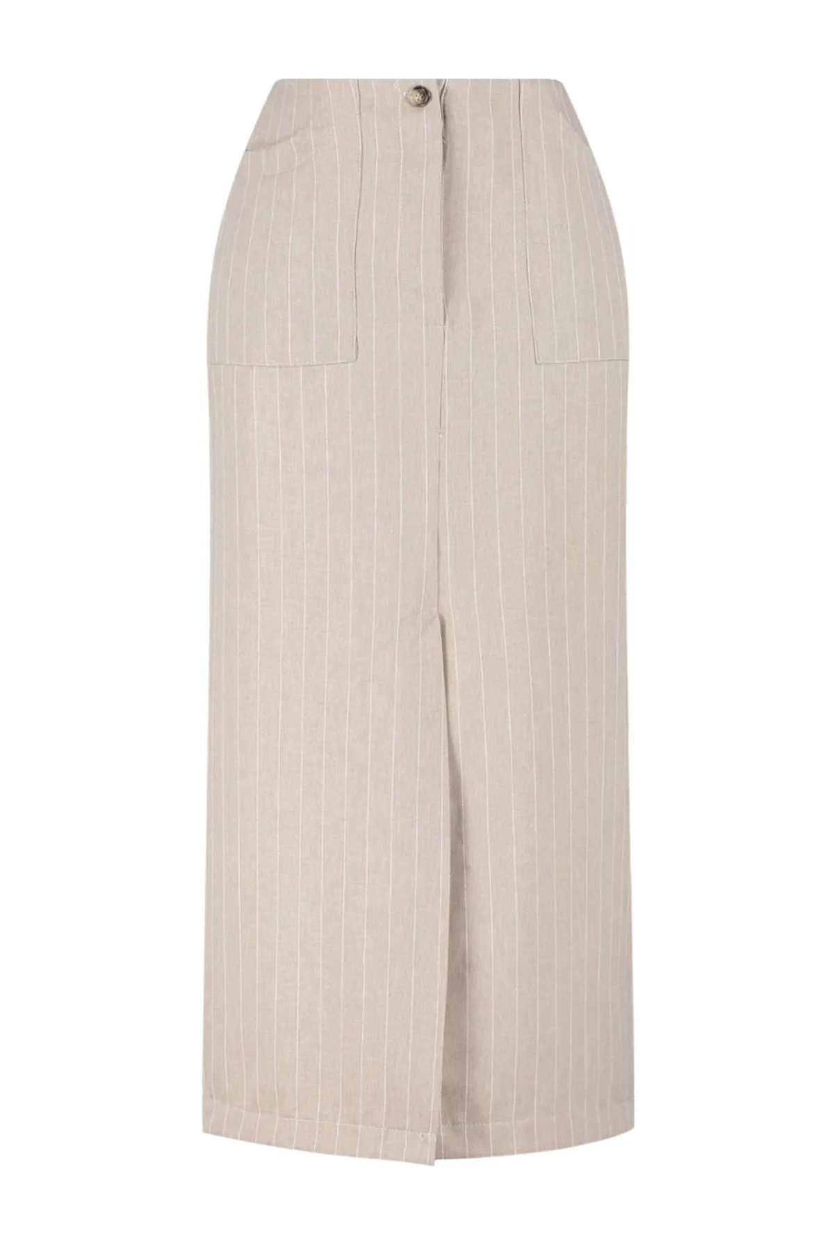 Trendyol Collection  Beige gestreifter, geschlitzter, detaillierter A-Linien-Webrock in Midi-Länge TWOSS24ET00100