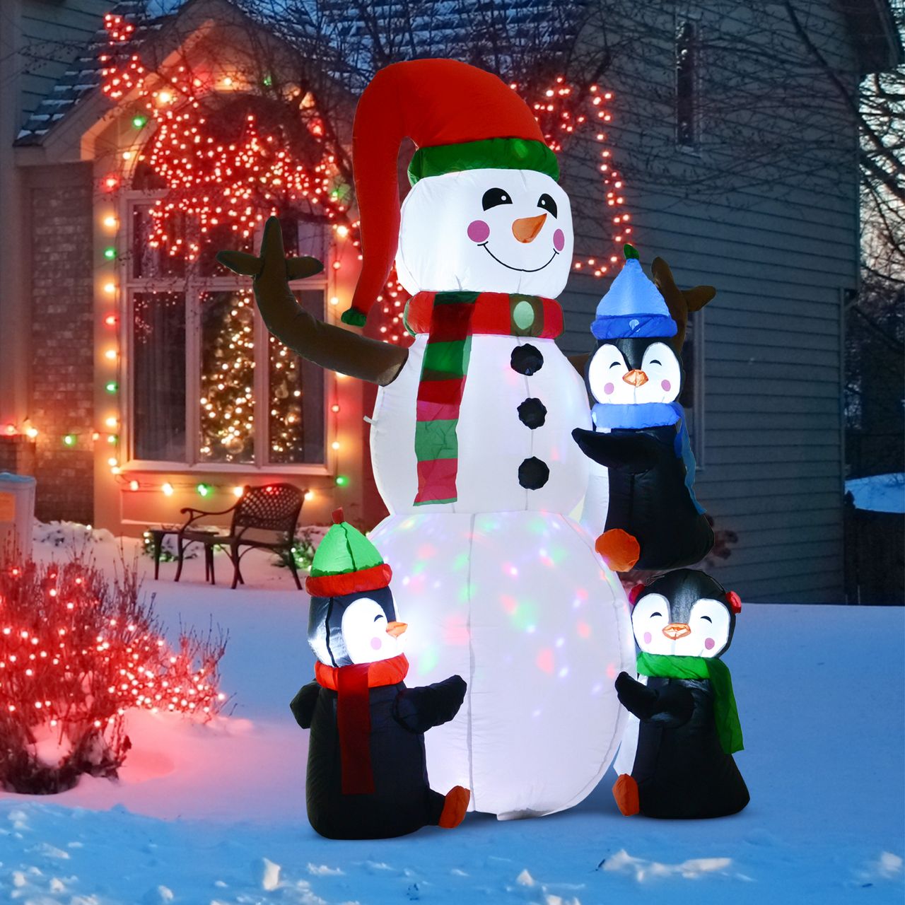HOMCOM Weihnachten aufblasbarer Schneemann mit 3 Pinguinen LEDs Polyester 140 x 70 x 180 cm