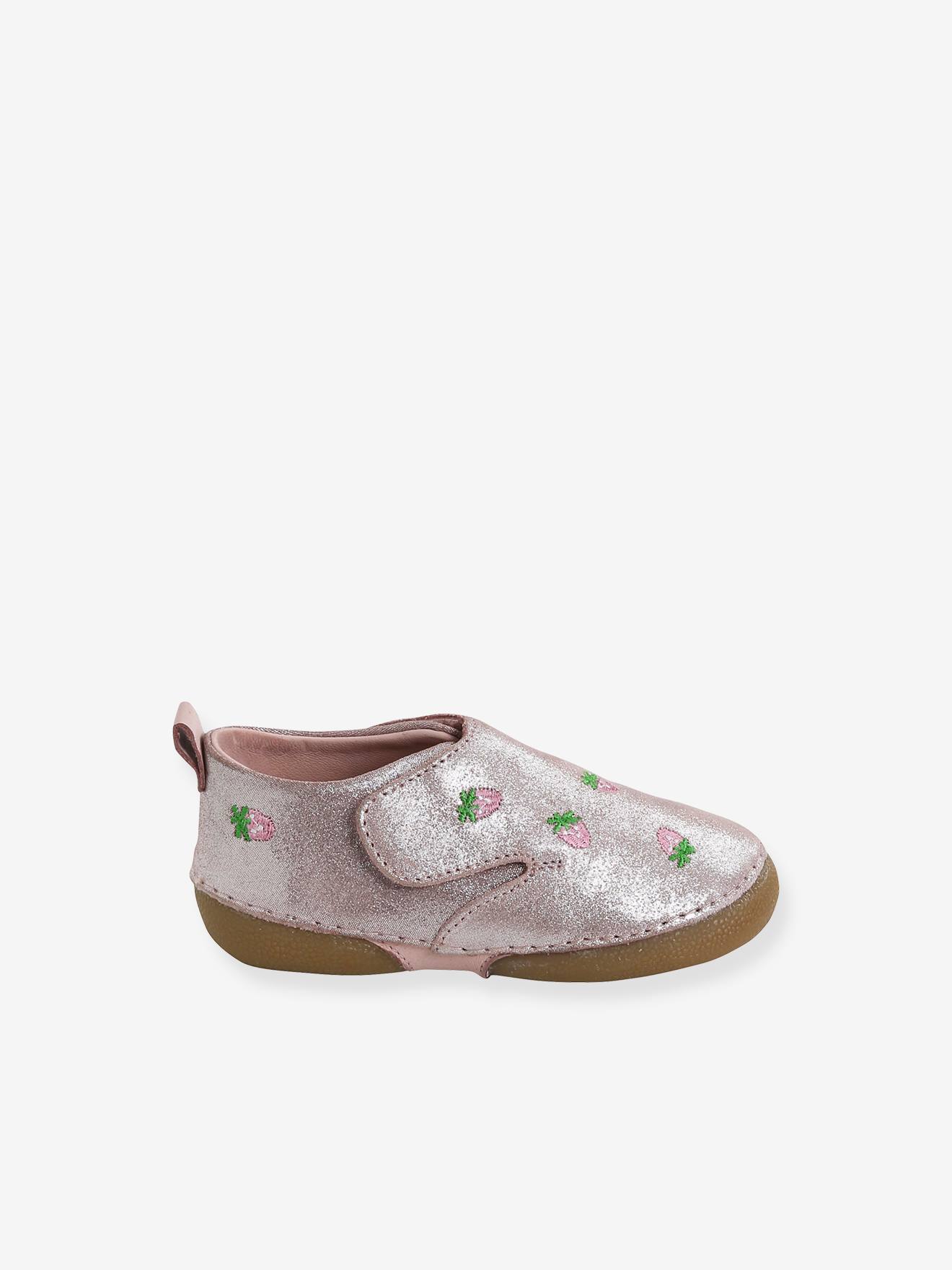 Chaussons scratché bébé en cuir souple rose