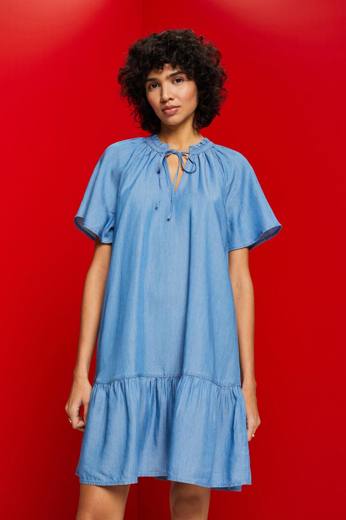 Chambray-Kleid mit Rüschenbesatz am Nackenbindeband, TENCEL™