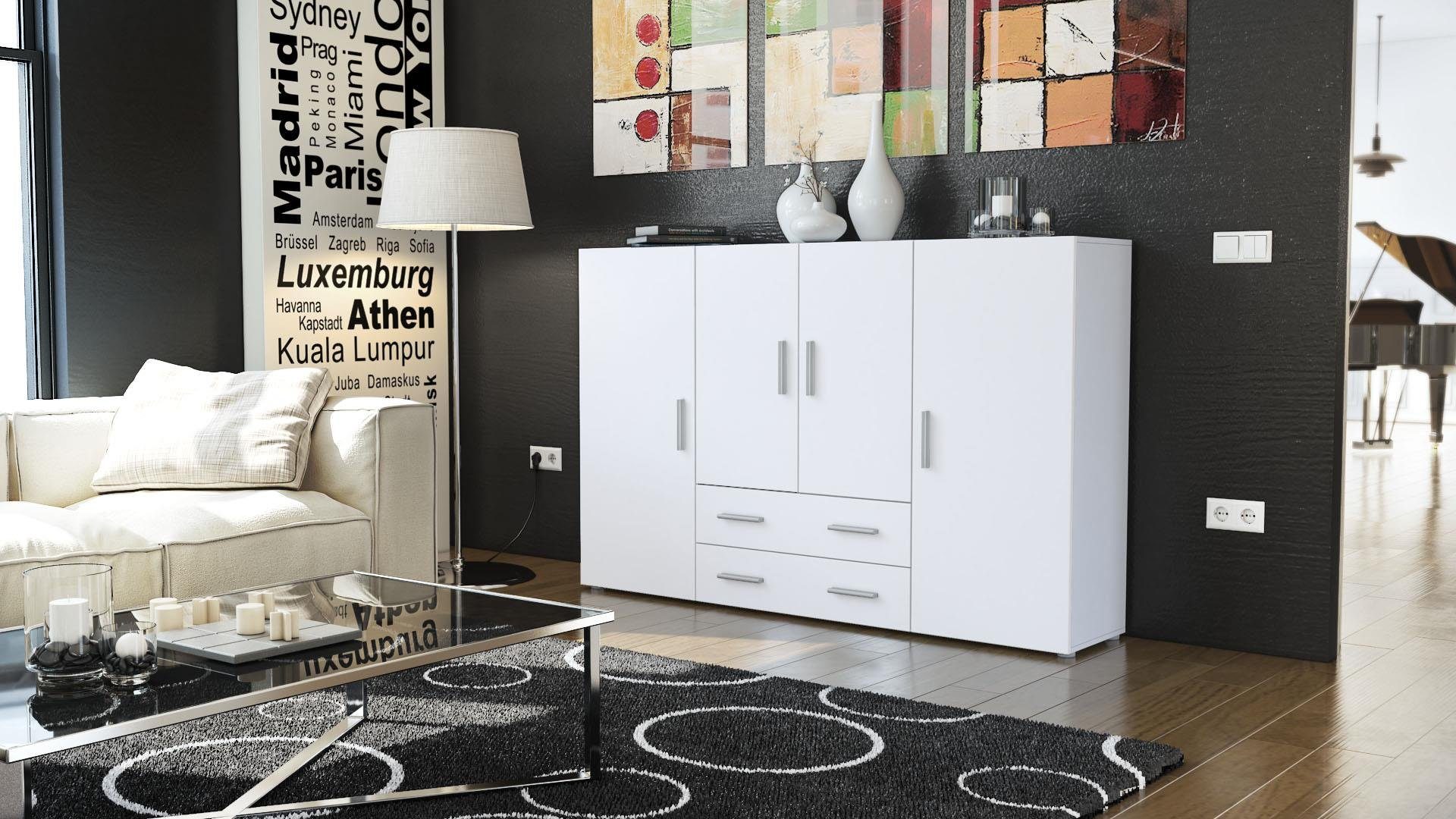 Vladon Highboard Nora (Anrichte mit 2 Schubladen, und 4 Türen mit insgesamt 8 Fächer dahinter), Weiß matt/Weiß matt (166,5 x 106,5 x 35 cm)