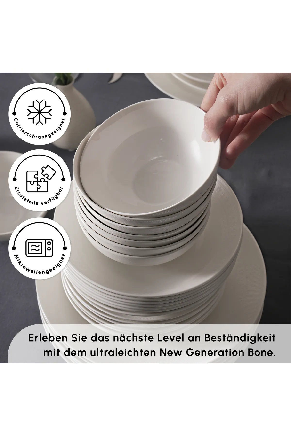 Karaca  Arte 56 Teile Neues Knochengeschirr für 12 Personen, New Bone, Servierplatten, Speiseteller