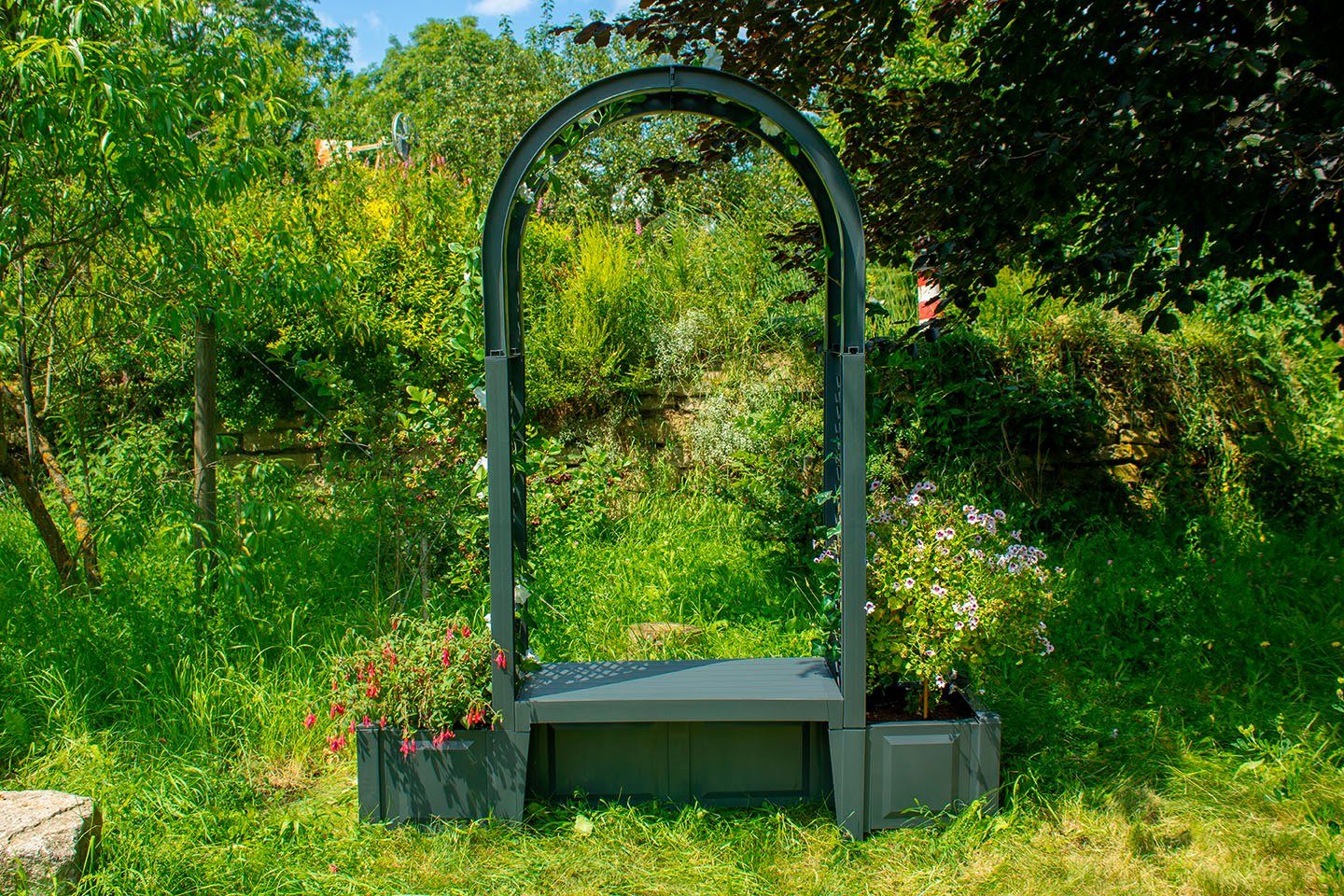 KHW Gartenbank Brüssel, mit Rosenbogen und zwei Pflanzkästen, anthrazit