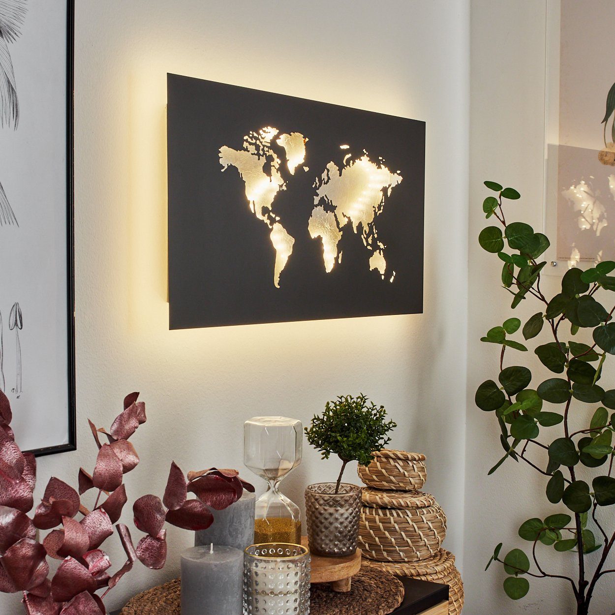 hofstein Wandleuchte Vendicio Wandlampe aus Metall in Schwarz/Silberfarben, 3000 Kelvin, LED Weltkarte Wandbild mit Lichteffekt, LED 170 Lumen