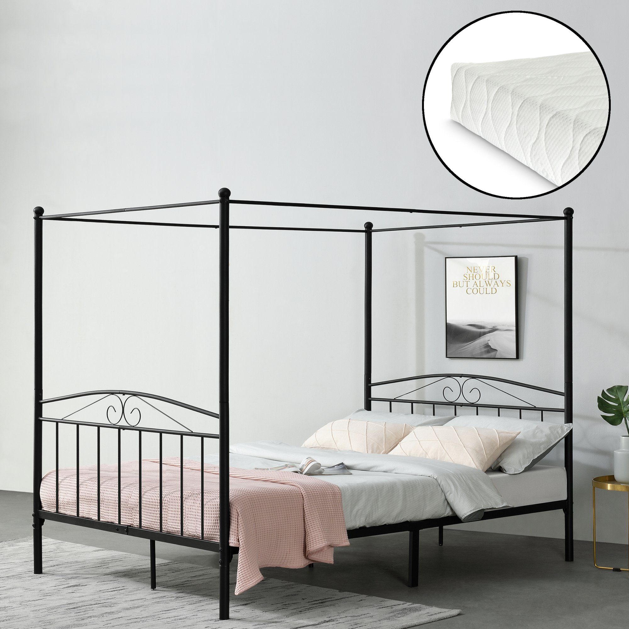 en.casa Himmelbett, Tournai Doppelbett mit Matratze 180x200cm