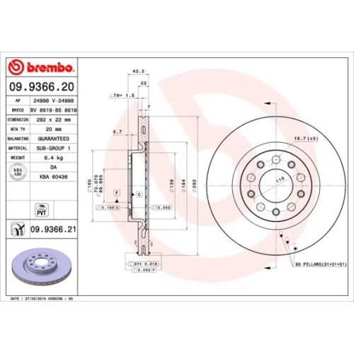 Bremsscheibe Brembo Hinterachse  2 Stück 09.9366.21 - ATU