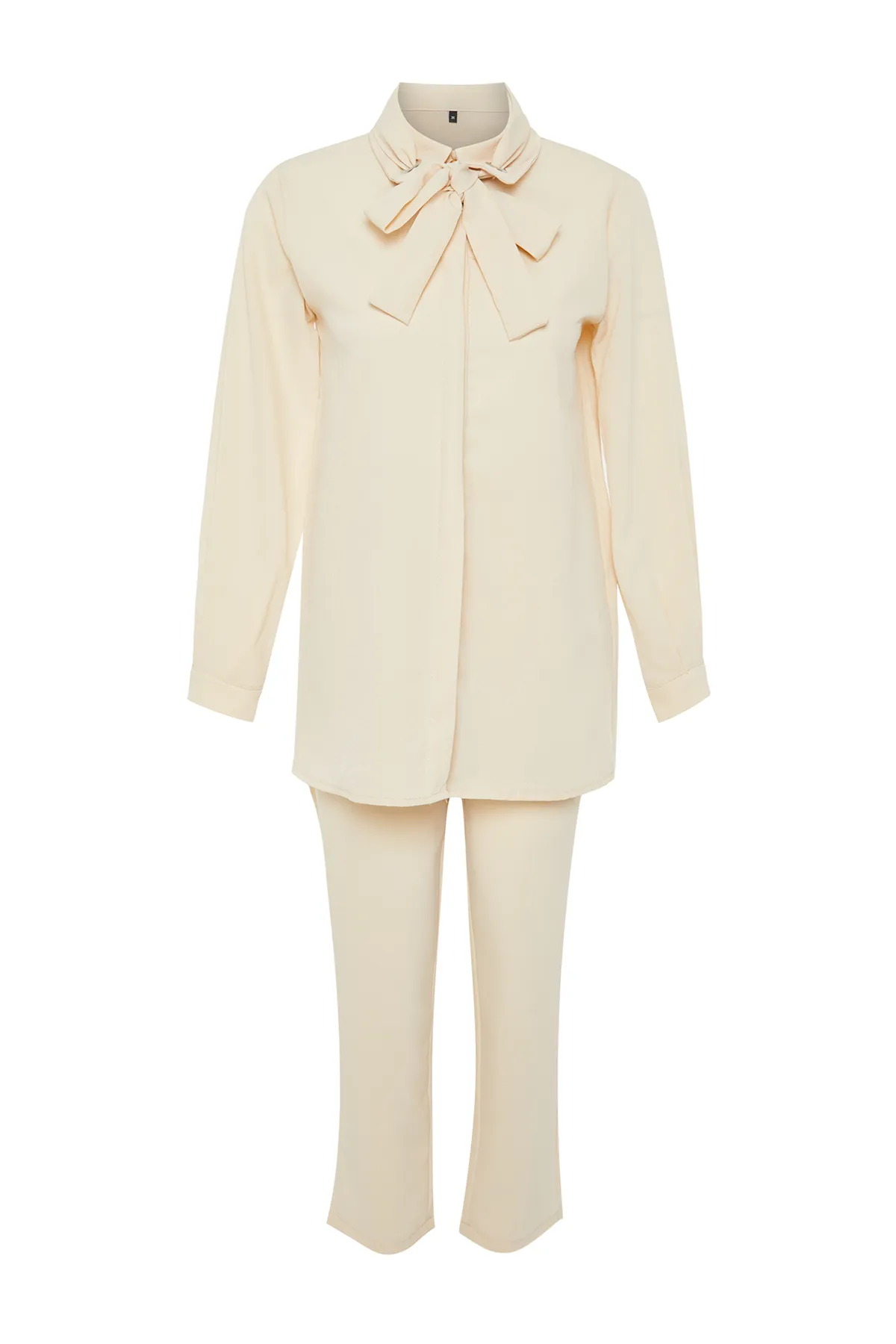 Trendyol Modest  Set aus gewebtem Aerobin-Unterteil und Oberteil in Beige mit Vogelaugenmuster und detailliertem Design TCTSS24US00054