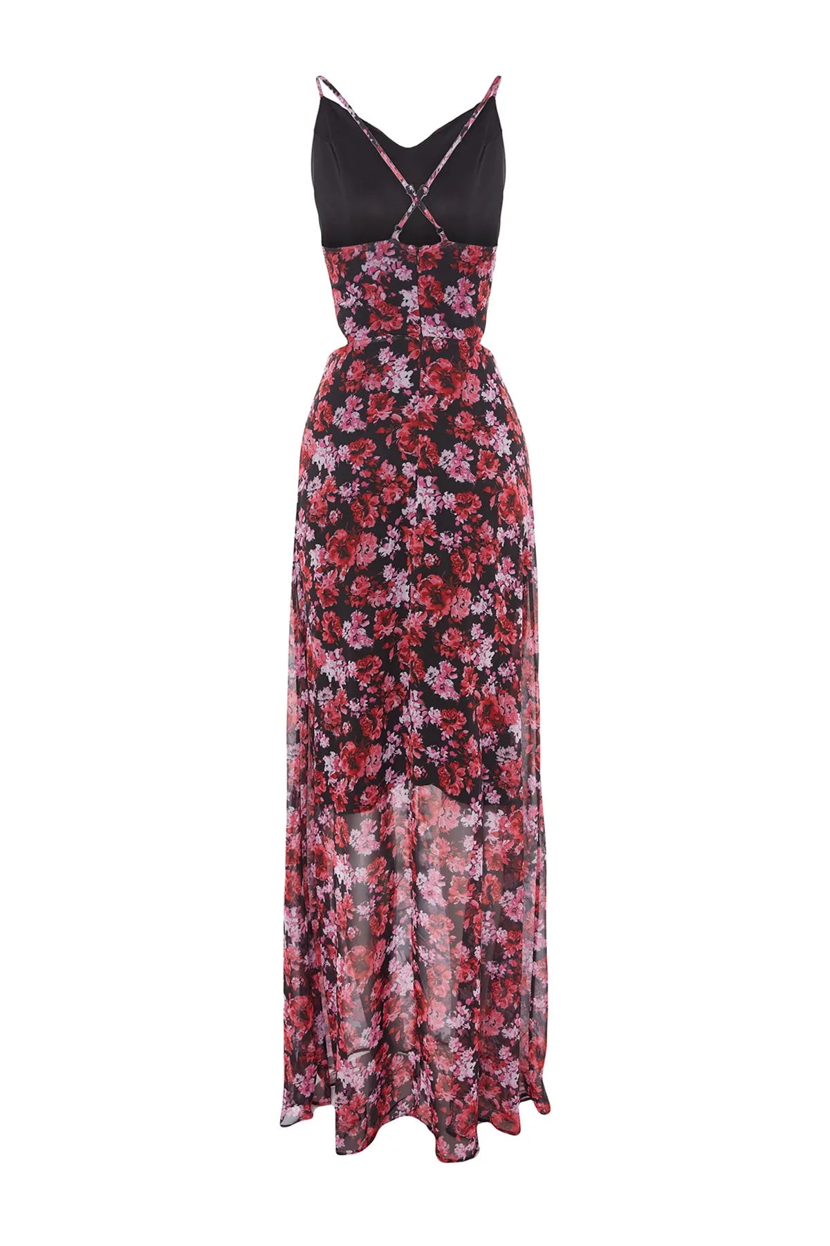 Trendyol Collection  Rotes A-Linien-gefüttertes Maxi-Webkleid mit Fensterausschnitt/Ausschnitt und detailliertem Blumendruck TWOSS20EL1270