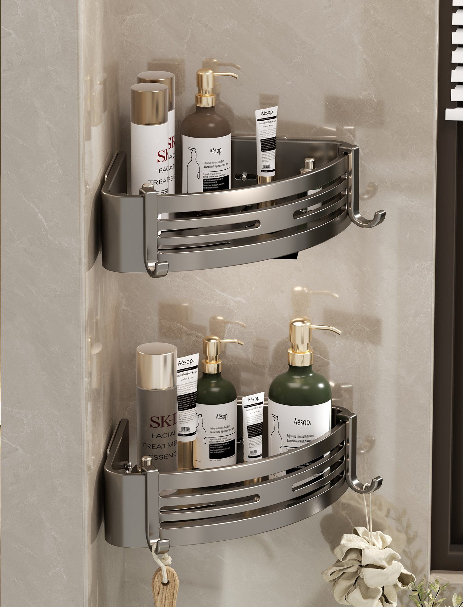 Directin Duschkorb 2-Stück Eckregal ohne Bohren aus rostfreiem Aluminium für die Dusche (Set, mit 4 Klebeflächen und 4 Haken, für Bäder Küchen Duschgel), Badezimmer Duschablage Selbstklebendes Oder Bohren