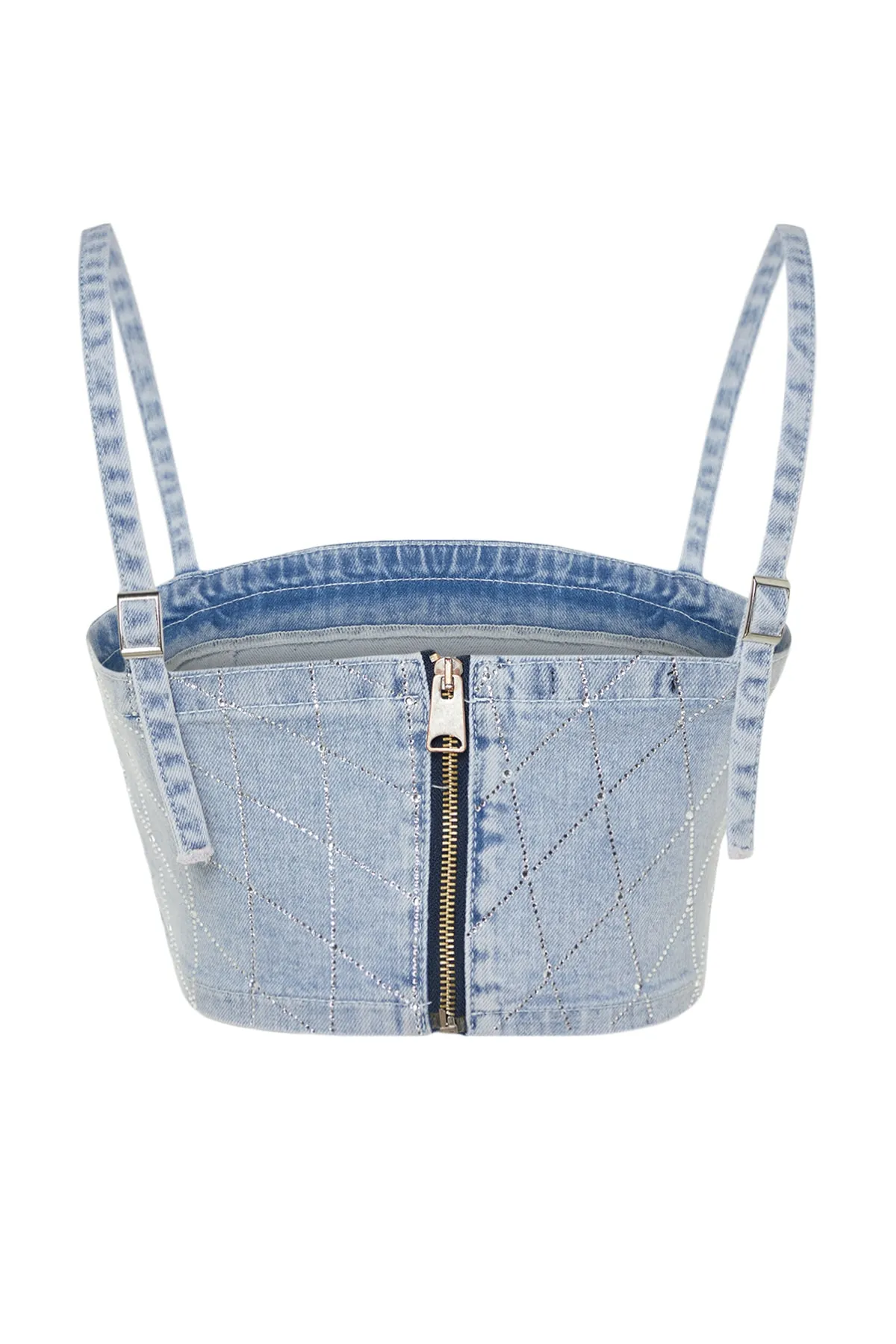 Trendyol Collection  Bustier aus blauem, bauchfreiem Denim mit glänzendem Stein TPRSS23BS00116