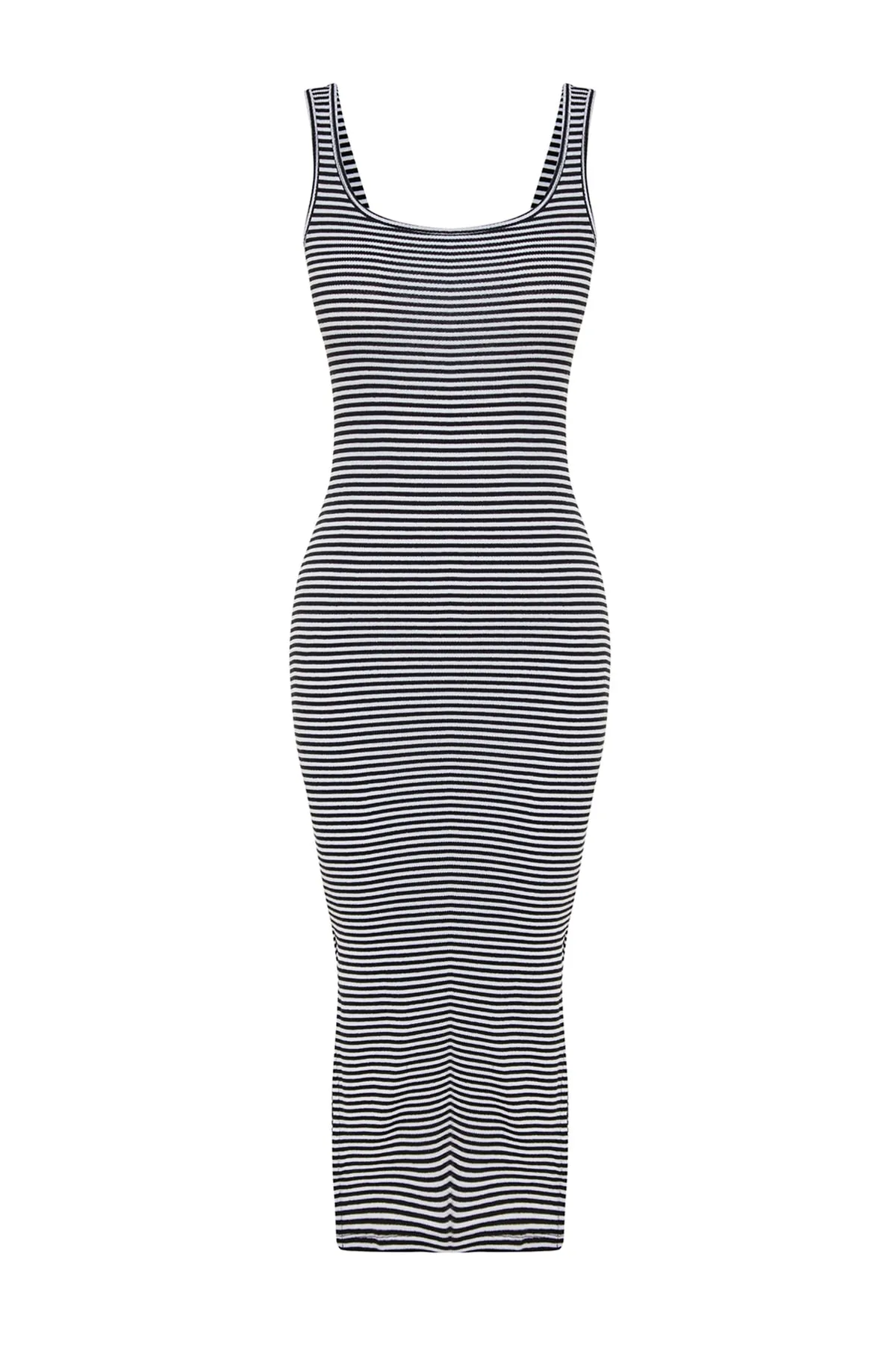 Trendyol Collection  Schwarz gestreiftes, tailliertes, geripptes, dehnbares Midi-Strickkleid mit Pool-Ausschnitt TWOSS23EL00370