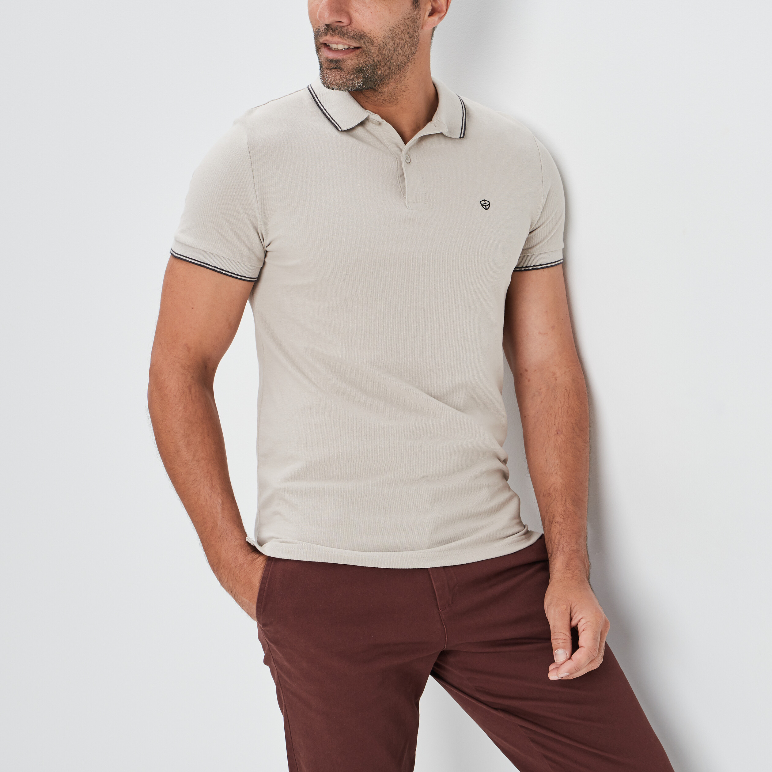 Polo manches courtes bords contrastés sable homme | La Halle