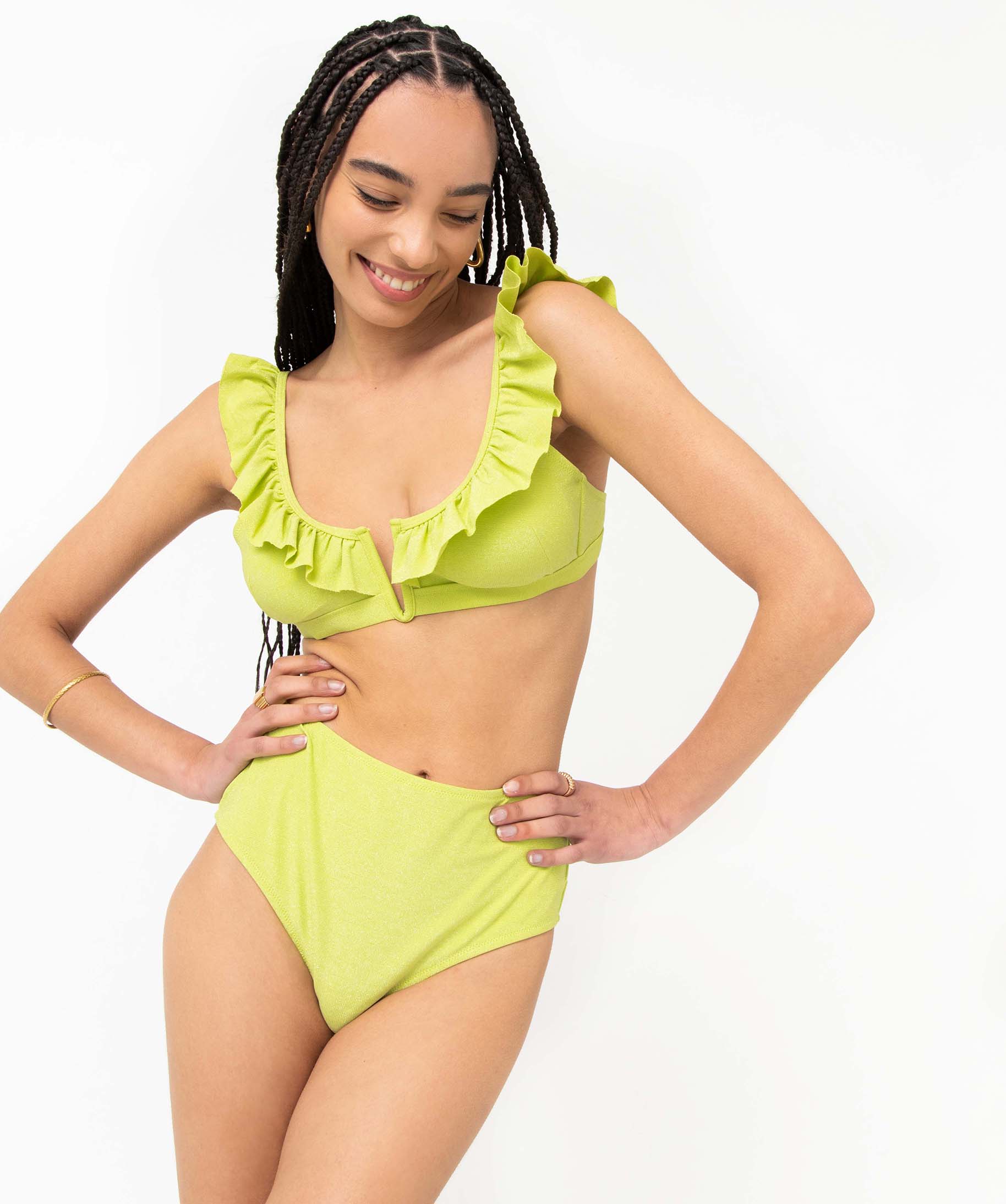 Haut de maillot de bain femme forme triangle à volant vert | GEMO