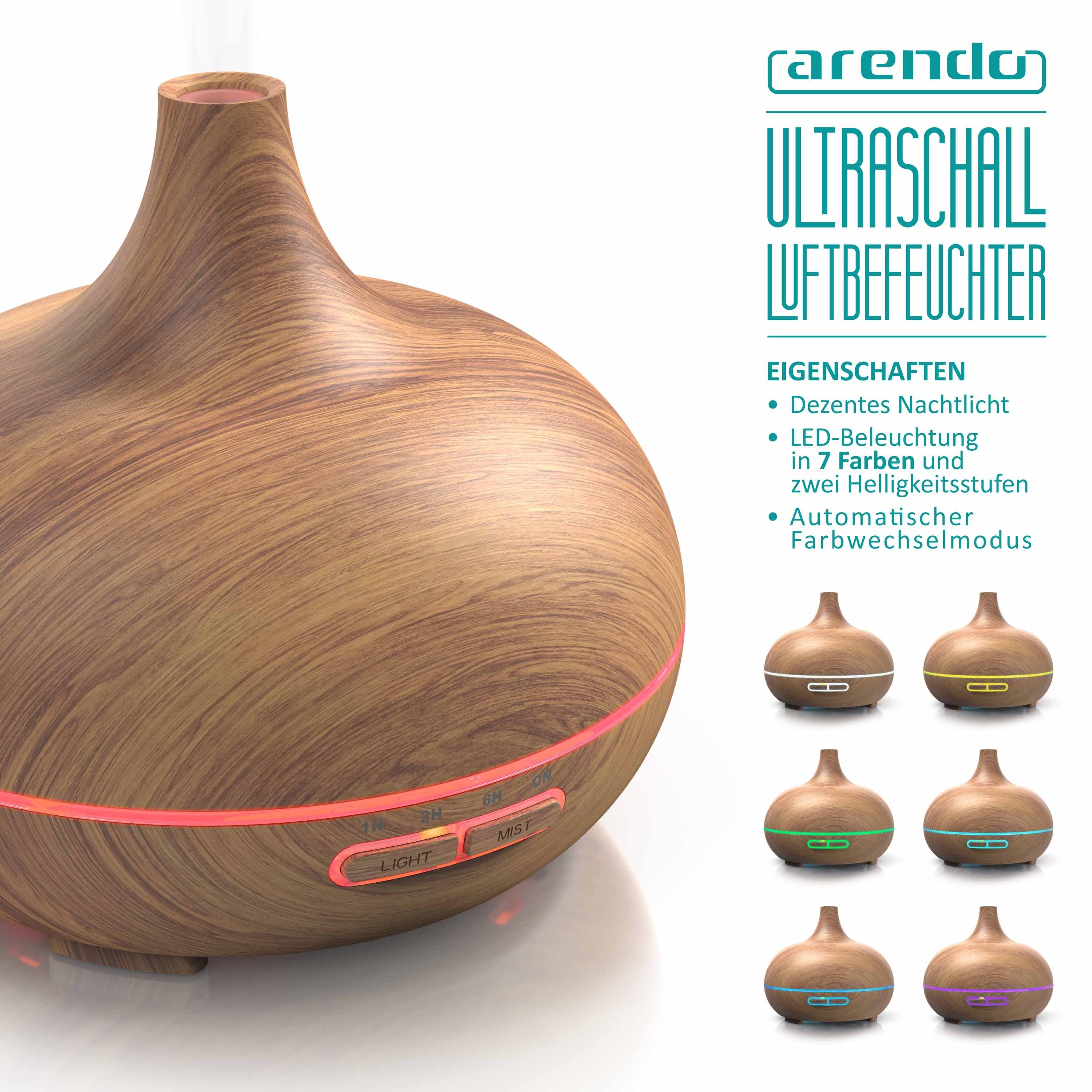 Arendo Diffuser, 0,3 l Wassertank, Aroma Diffusor, Holz Design, LED, Timer, 7 Farben Wechsel, 300ml