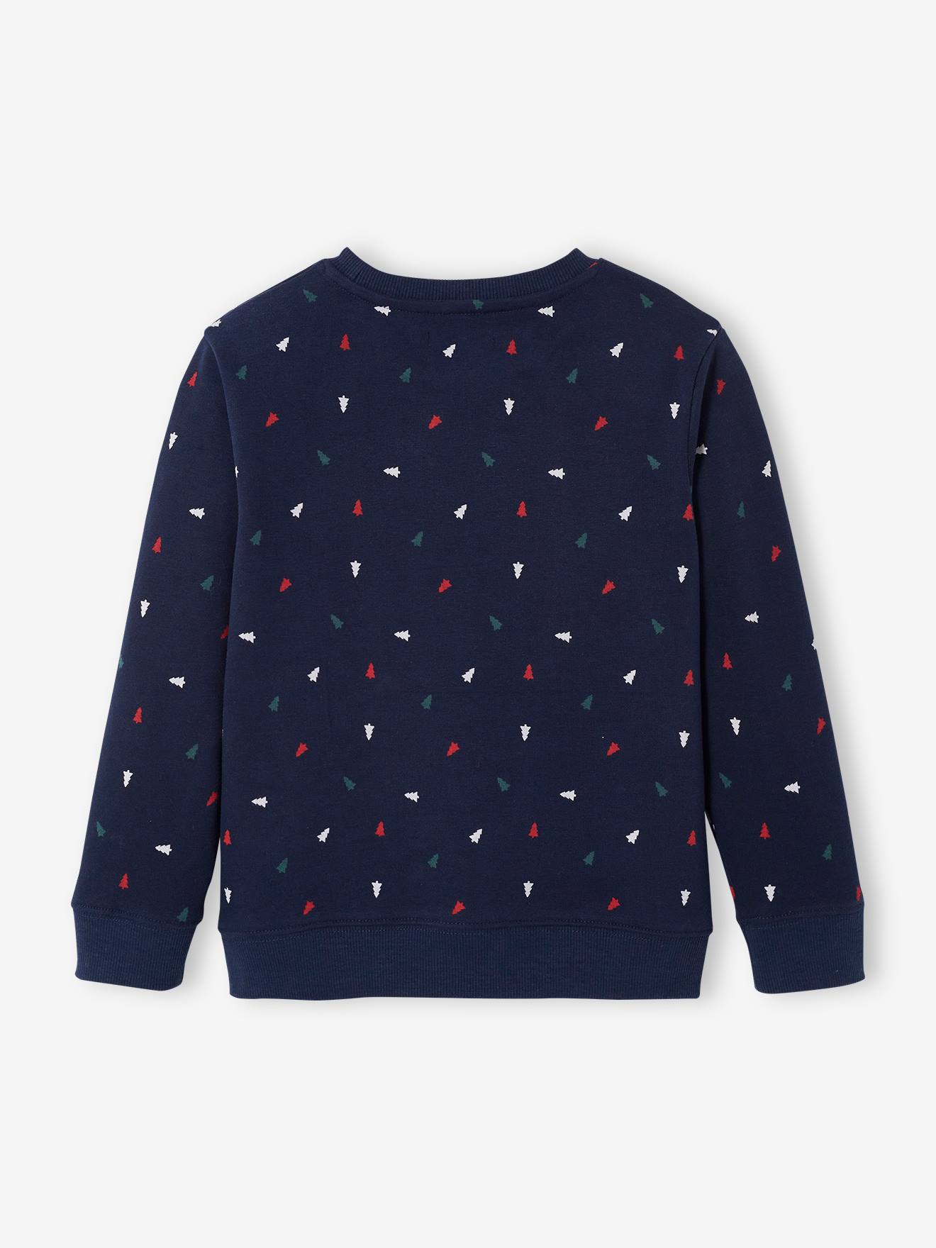 Sweat de noël garçon message ludique bouclettes et motifs sapins marine