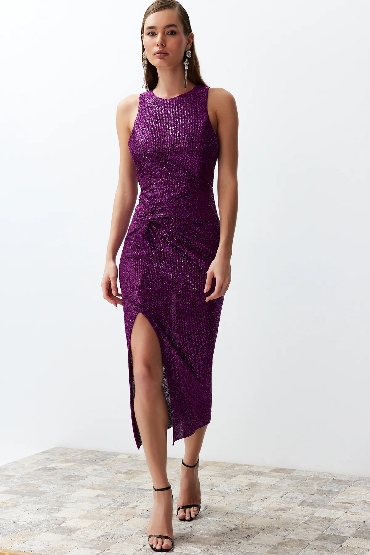Trendyol Collection  Lila Bodycon Strick Glitzer Pailletten Pailletten Elegantes Abendkleid