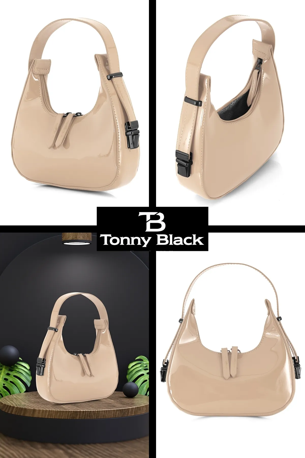 Tonny Black  Original neue Saison glänzendes Lackleder-Baguette-Modell, einäugige, stilvolle Handtasche und Umhängetasche, Nerz