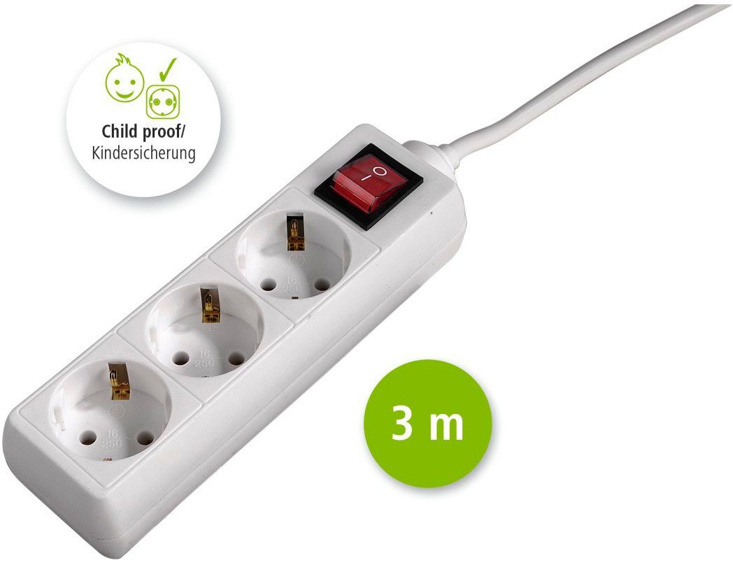 Hama Mehrfachsteckdose, 3-fach, Steckerleiste mit Schalter, 3 m Kabel, weiß Steckdosenleiste 3-fach (Kabellänge 3 m), Mehrfachsteckdose, Steckerleiste mit Schalter